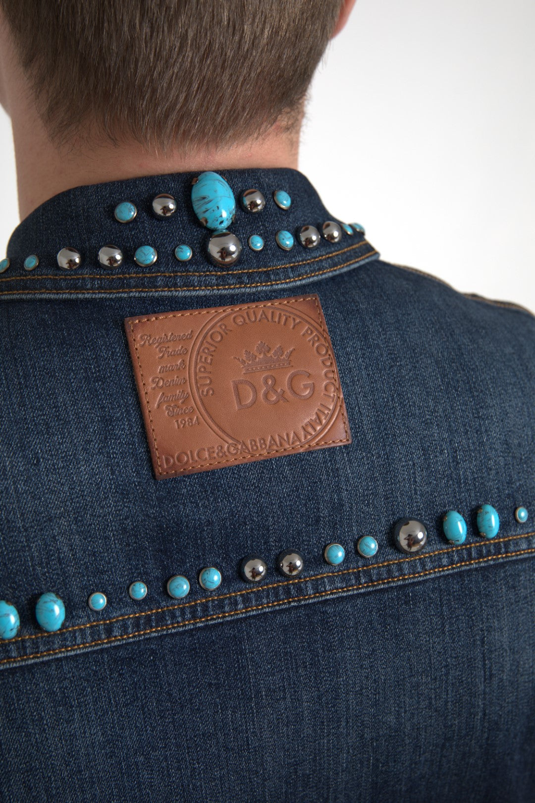 Dolce & Gabbana Blue Denim Turquoise Stones Studded Jacket LUNESCAPE