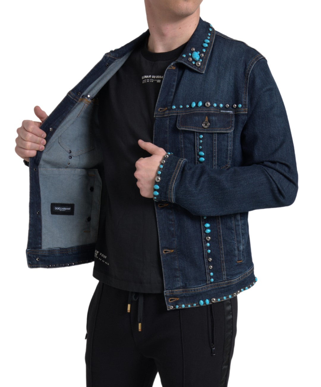 Dolce & Gabbana Blue Denim Turquoise Stones Studded Jacket LUNESCAPE