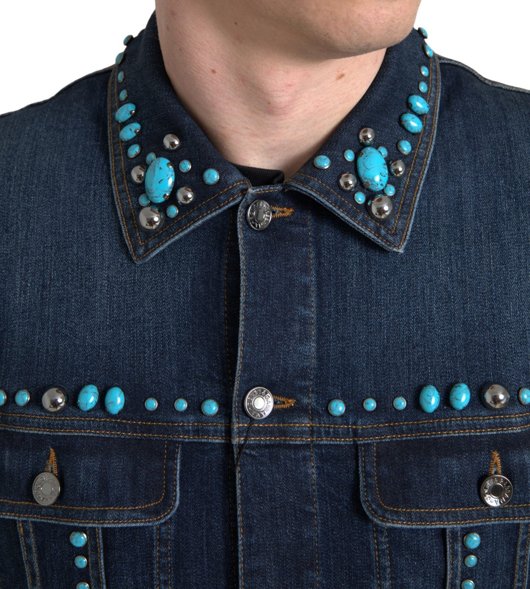 Dolce & Gabbana Blue Denim Turquoise Stones Studded Jacket LUNESCAPE