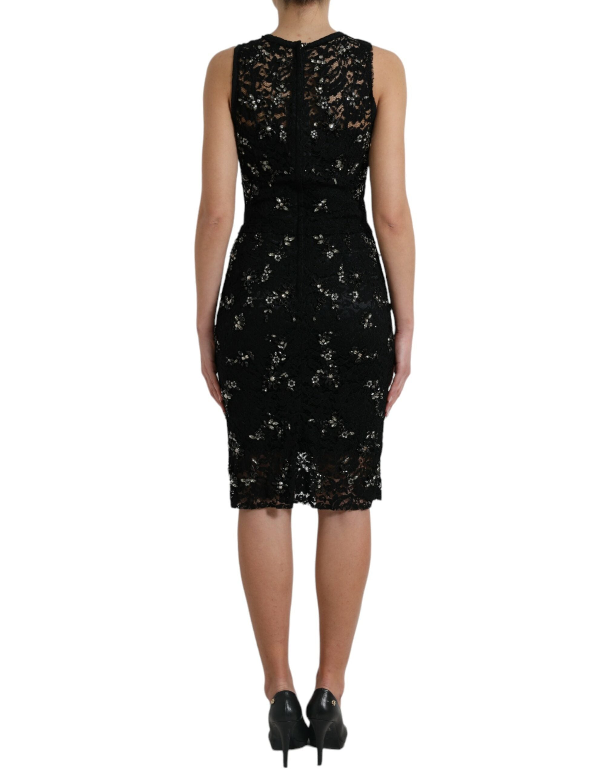 Dolce & Gabbana Black Floral Lace Crystal Sheath Dress LUNESCAPE