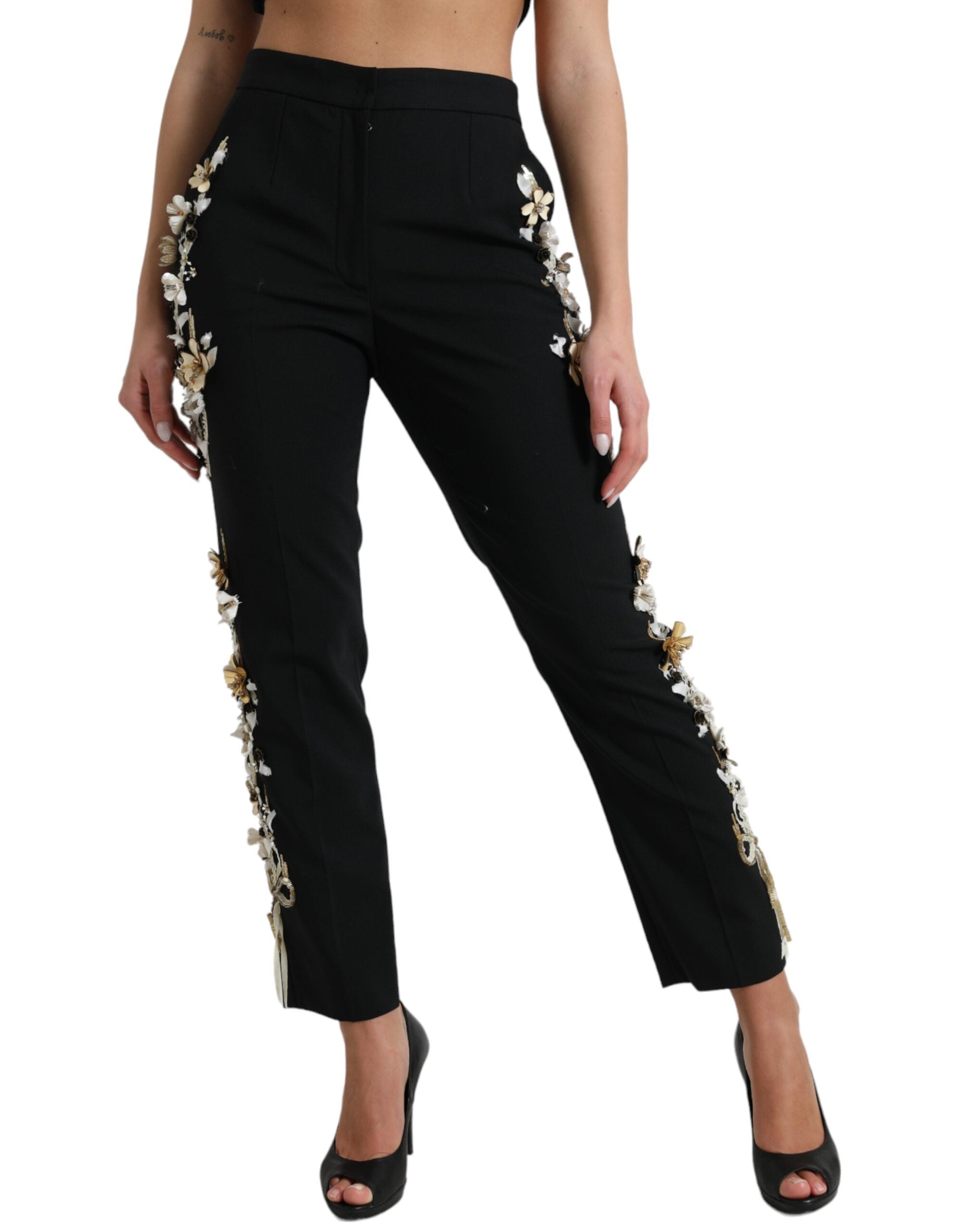Dolce & Gabbana Black Floral Applique High Waist Tapered Pants LUNESCAPE