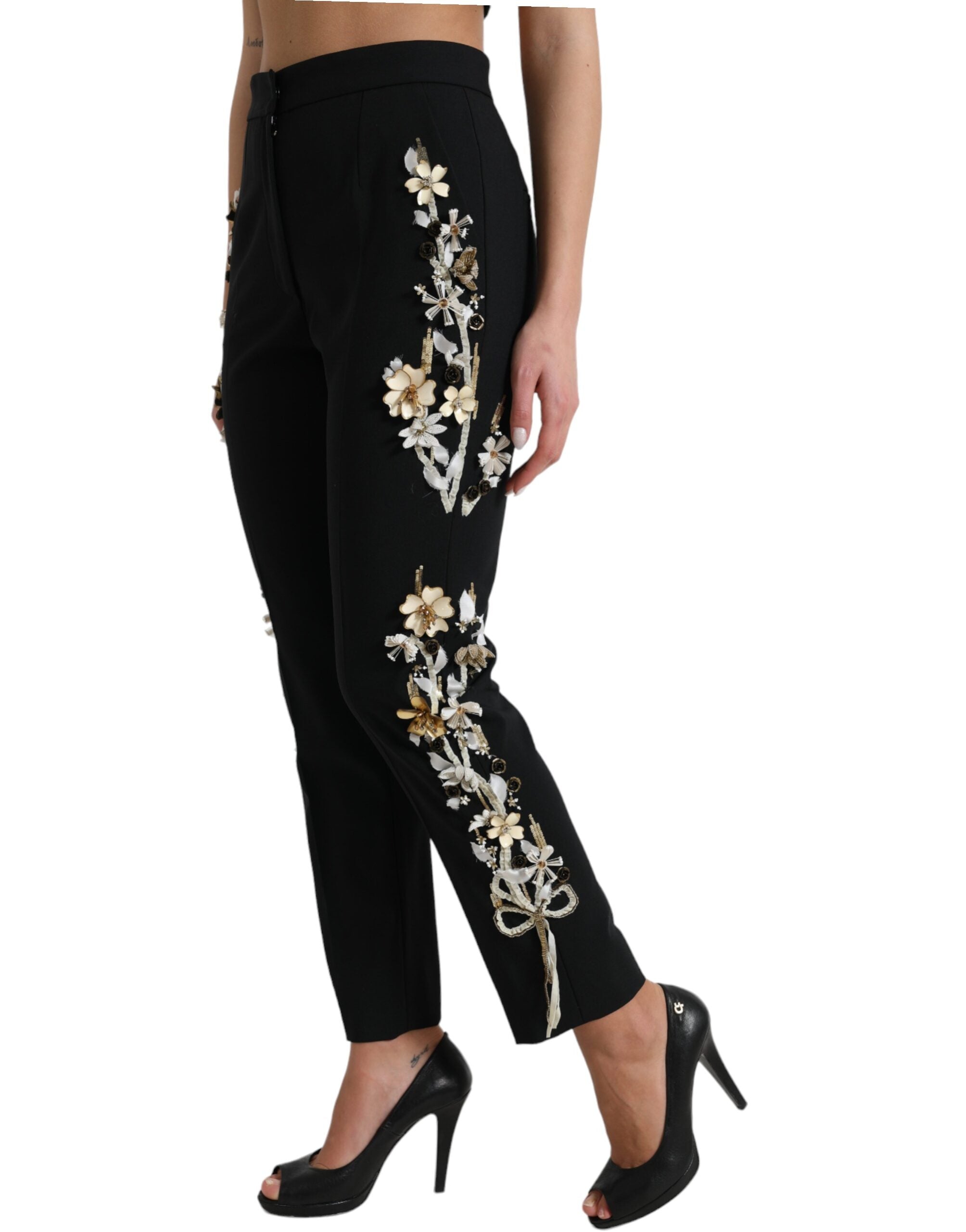 Dolce & Gabbana Black Floral Applique High Waist Tapered Pants LUNESCAPE