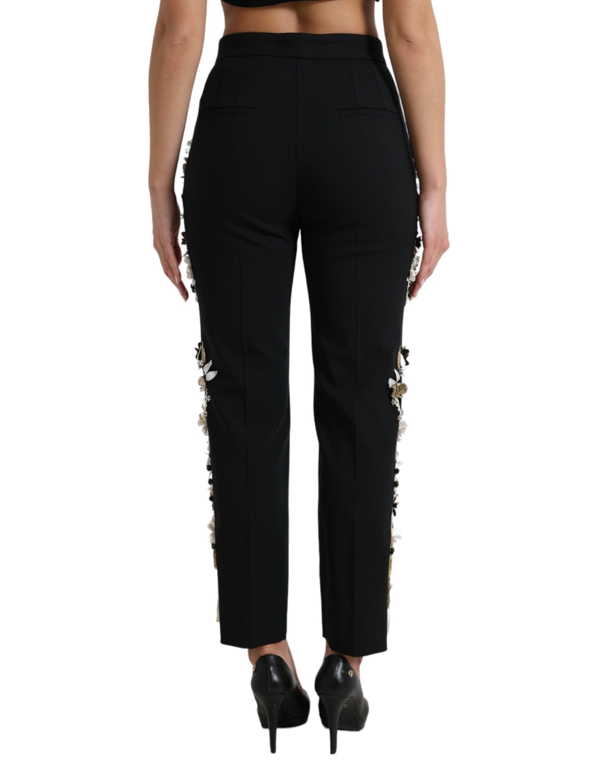 Dolce & Gabbana Black Floral Applique High Waist Tapered Pants LUNESCAPE