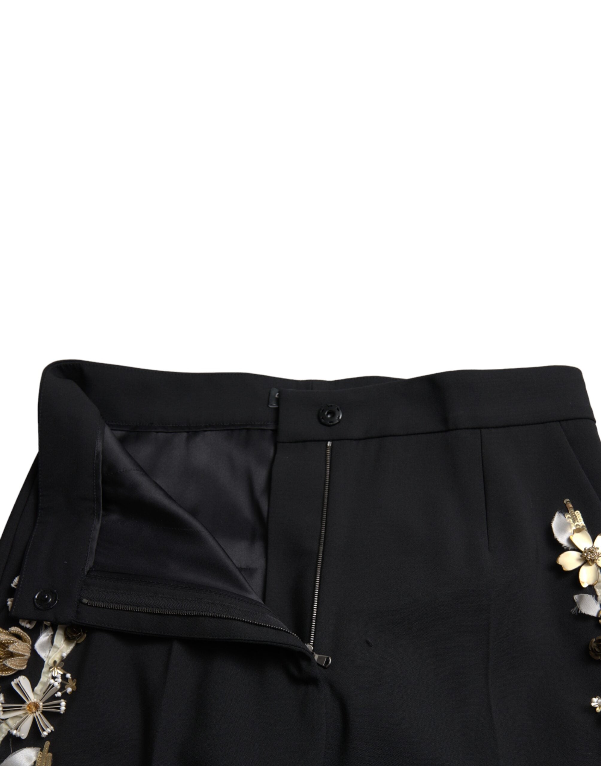 Dolce & Gabbana Black Floral Applique High Waist Tapered Pants LUNESCAPE