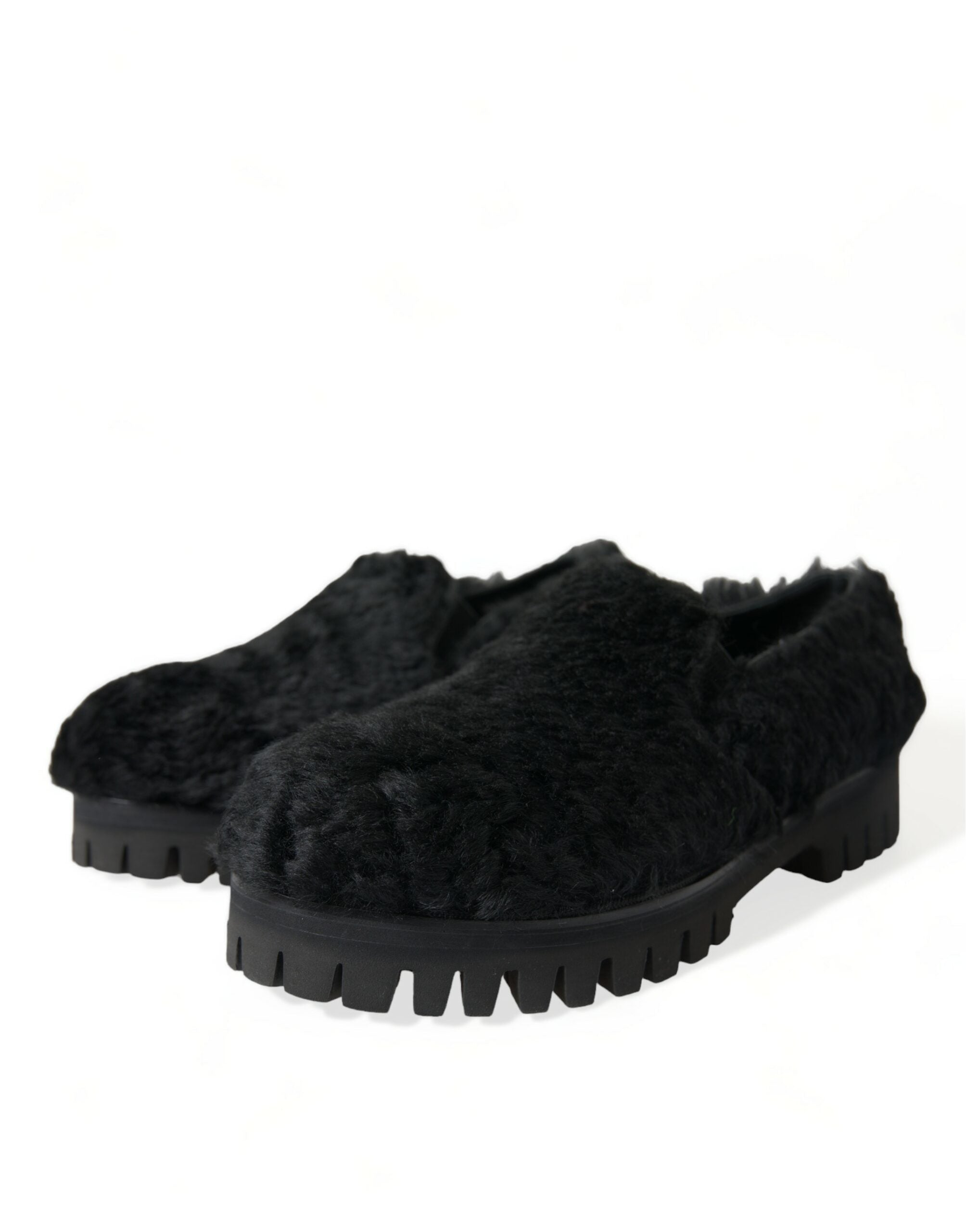 Dolce & Gabbana Black Fur Leather Slippers Dress Shoes LUNESCAPE