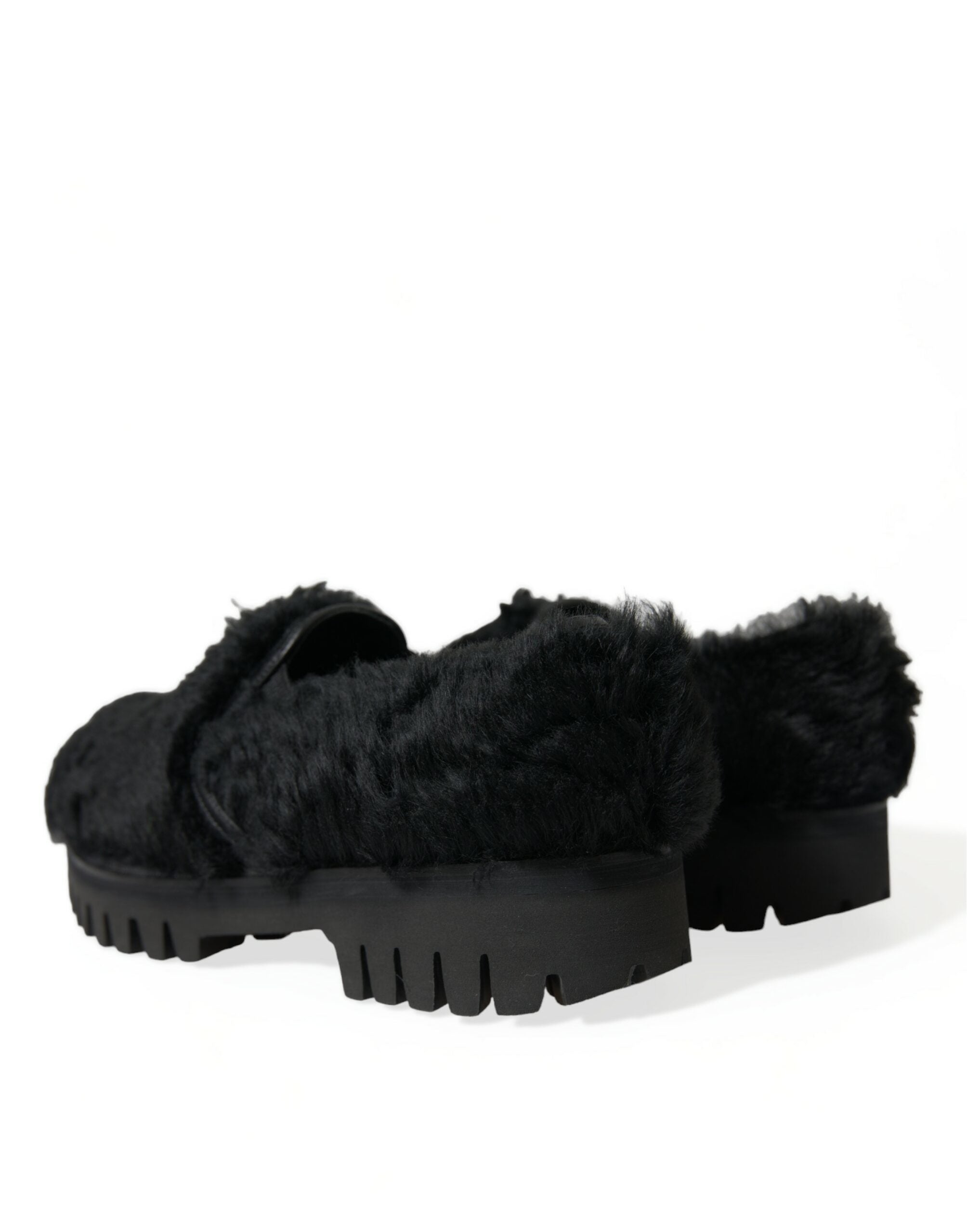 Dolce & Gabbana Black Fur Leather Slippers Dress Shoes LUNESCAPE