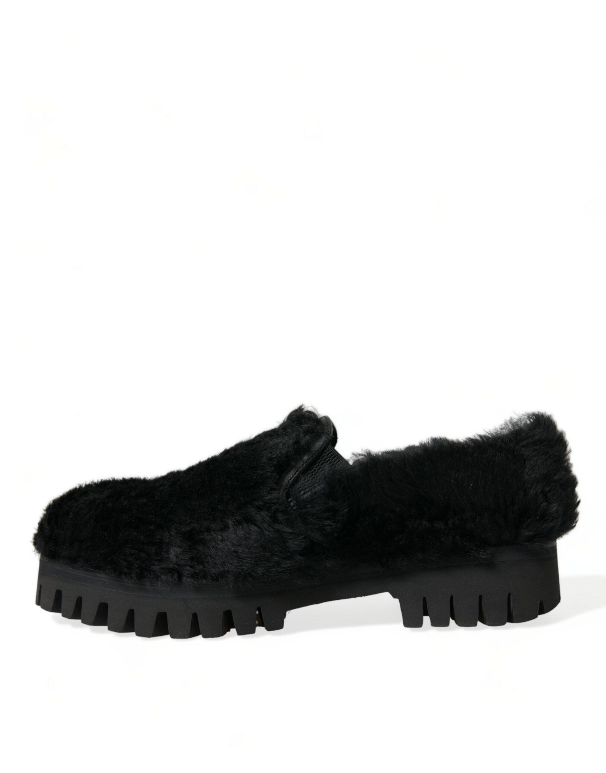Dolce & Gabbana Black Fur Leather Slippers Dress Shoes LUNESCAPE