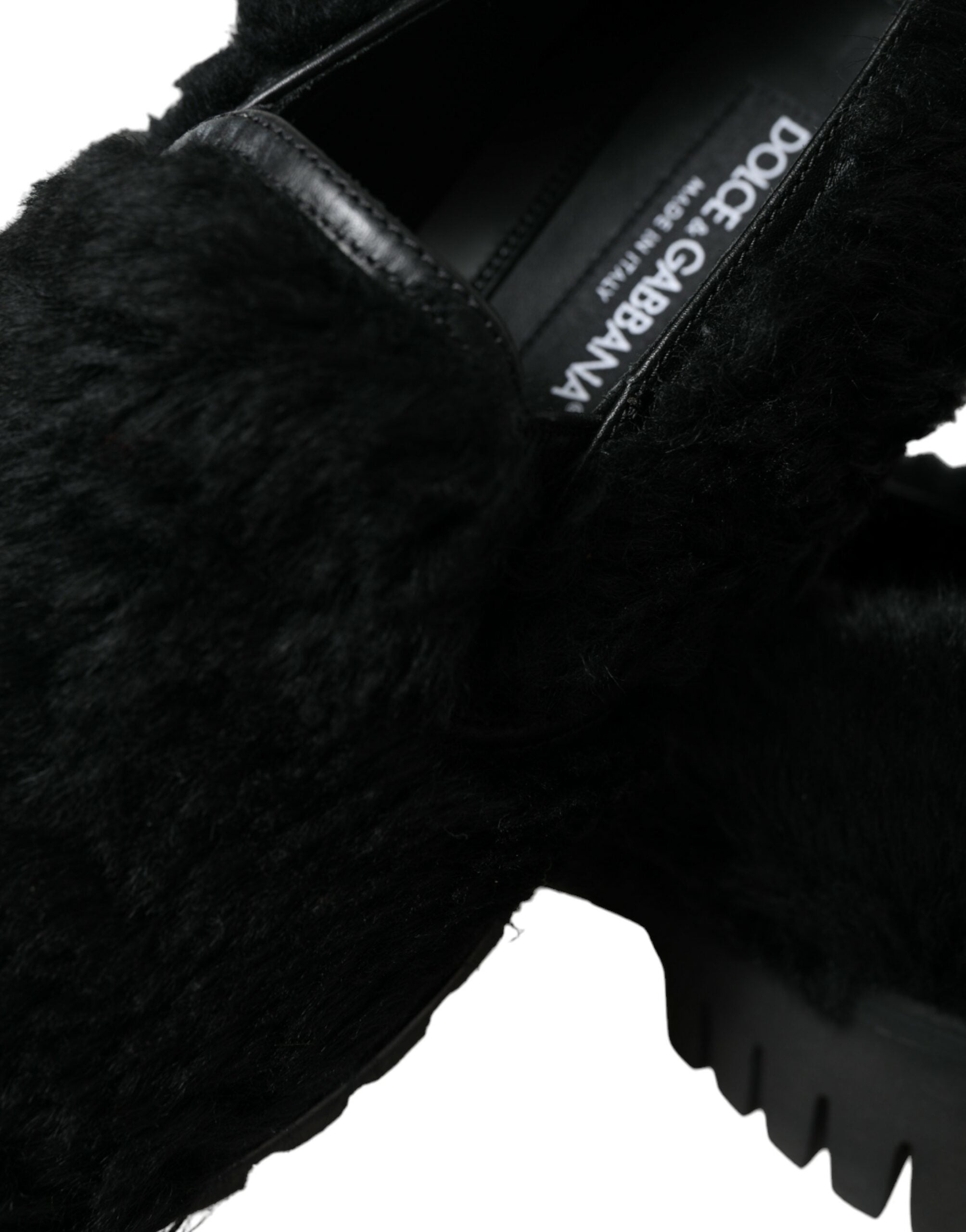 Dolce & Gabbana Black Fur Leather Slippers Dress Shoes LUNESCAPE