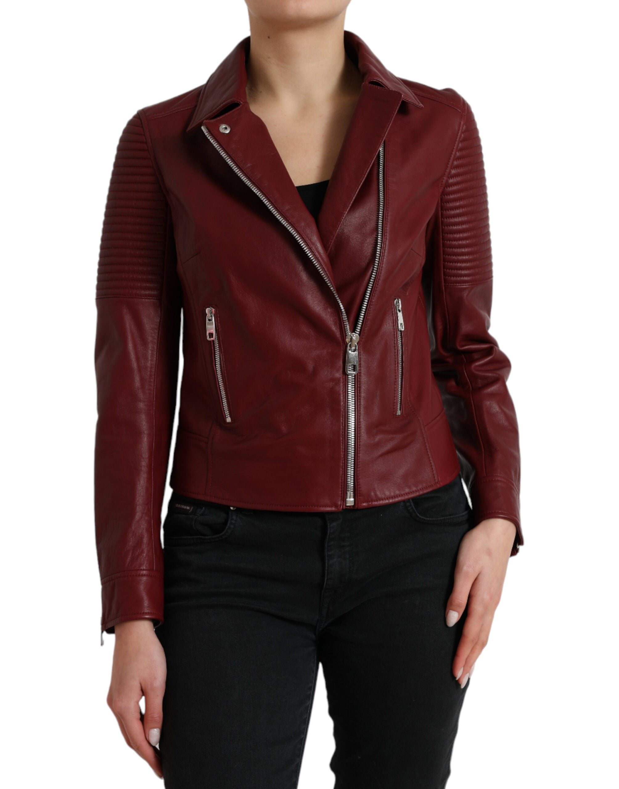 Dolce & Gabbana Bordeaux Leather Biker Coat Lambskin Jacket LUNESCAPE