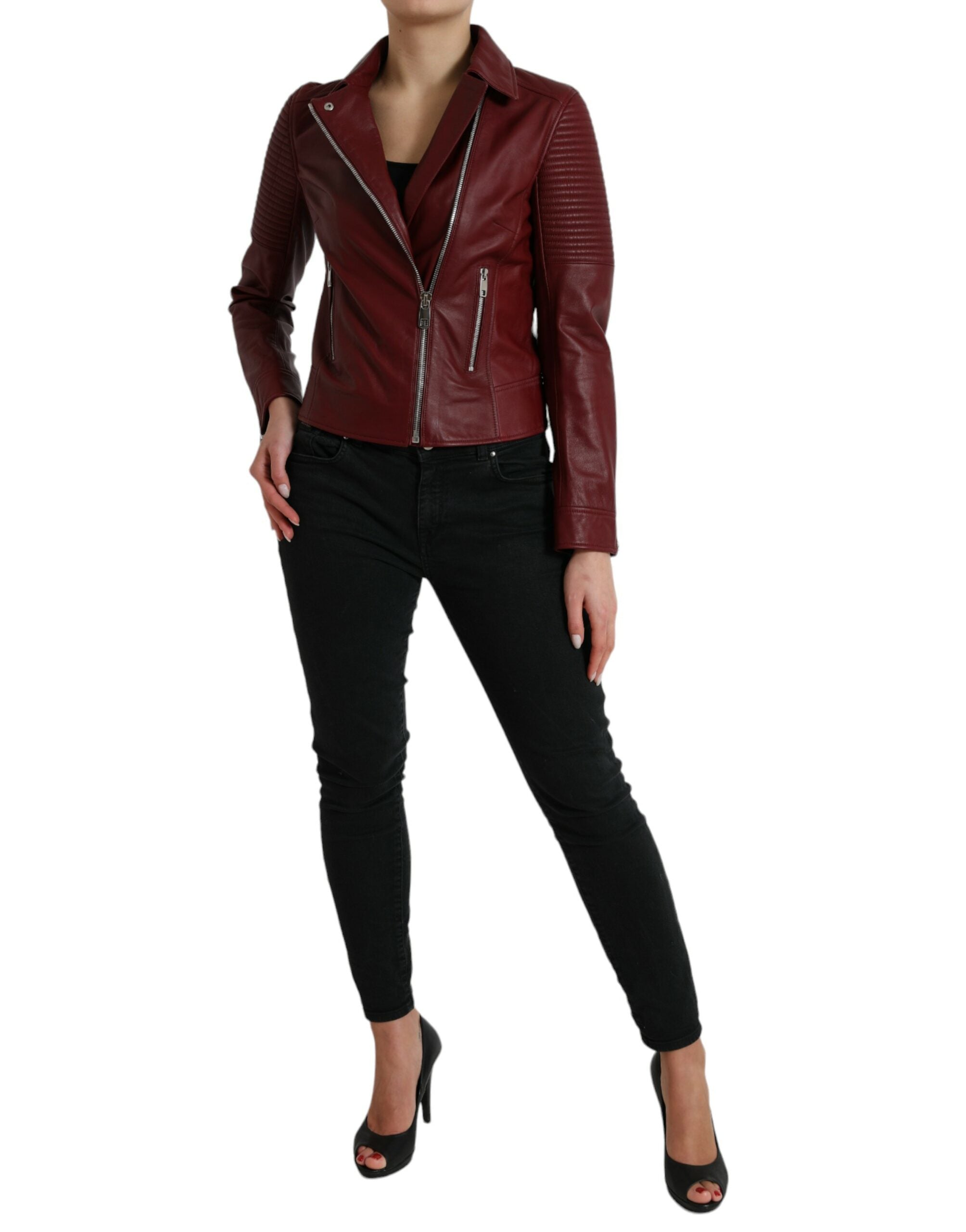 Dolce & Gabbana Bordeaux Leather Biker Coat Lambskin Jacket LUNESCAPE