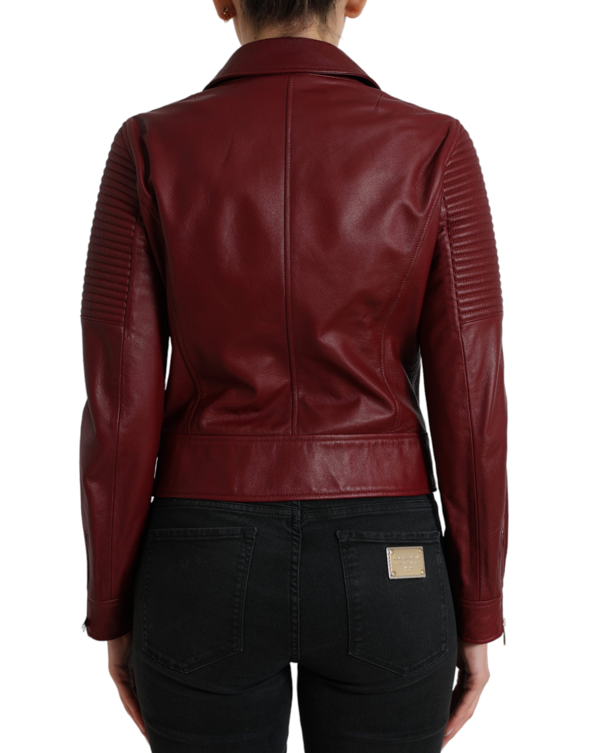 Dolce & Gabbana Bordeaux Leather Biker Coat Lambskin Jacket LUNESCAPE