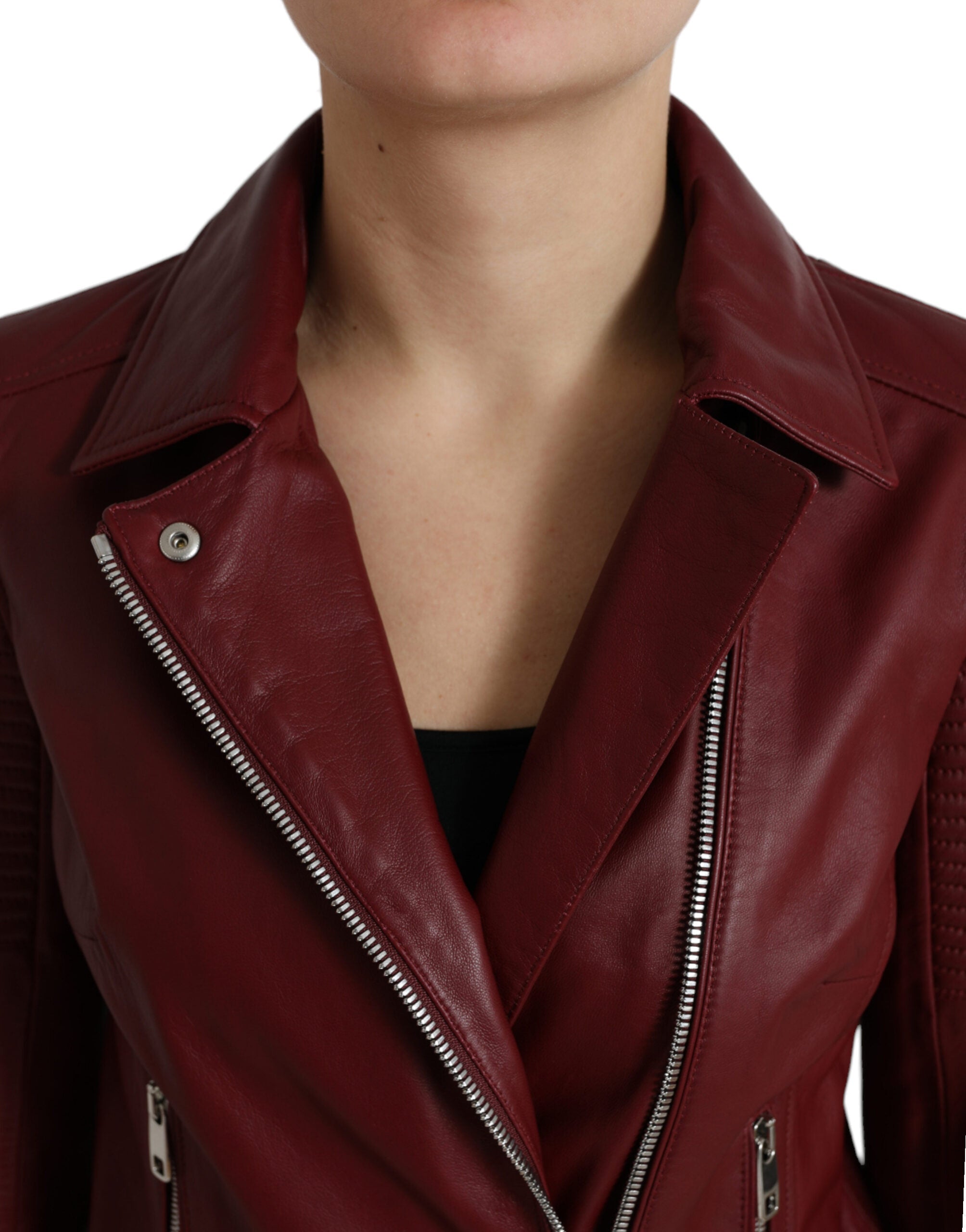 Dolce & Gabbana Bordeaux Leather Biker Coat Lambskin Jacket LUNESCAPE