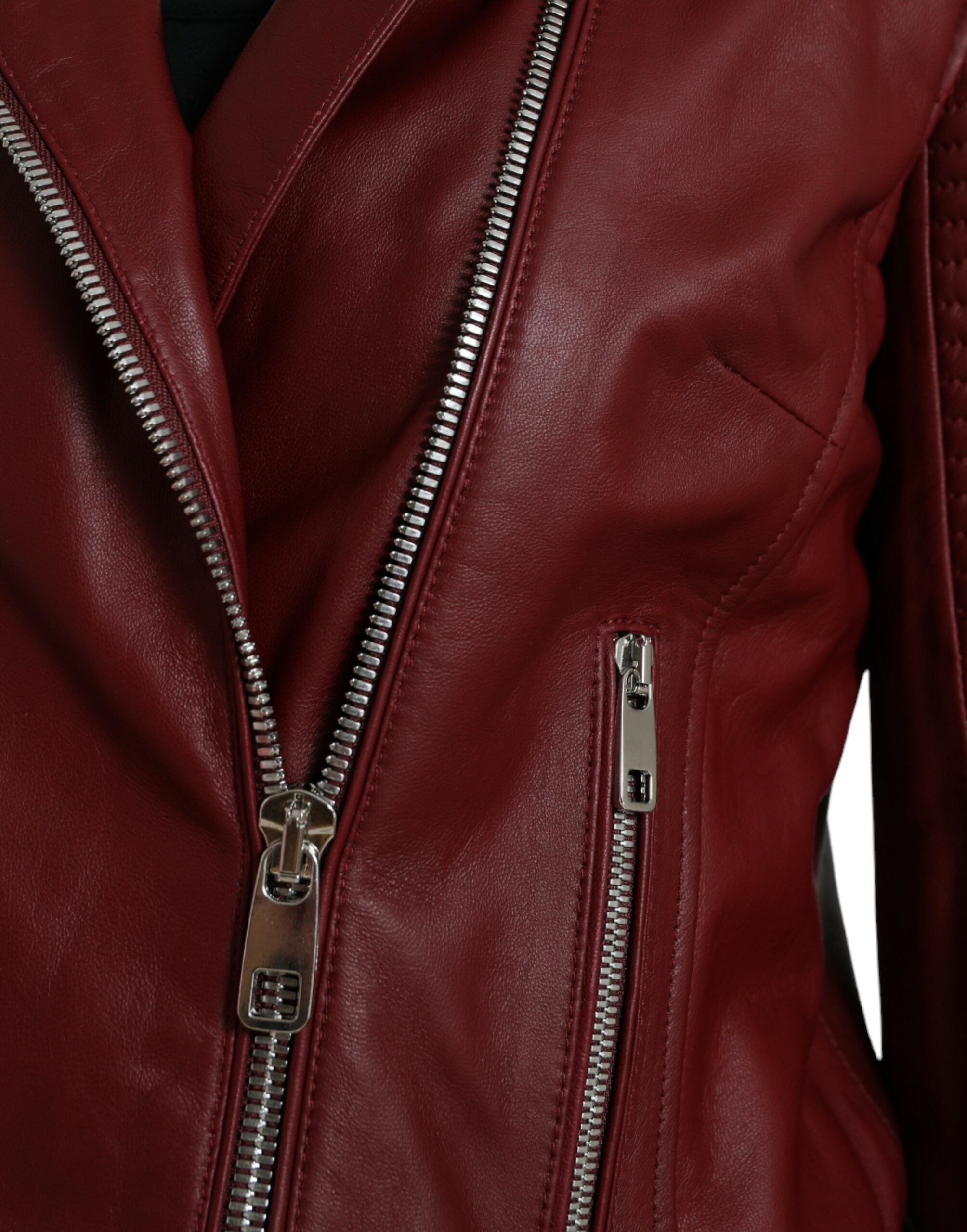 Dolce & Gabbana Bordeaux Leather Biker Coat Lambskin Jacket LUNESCAPE
