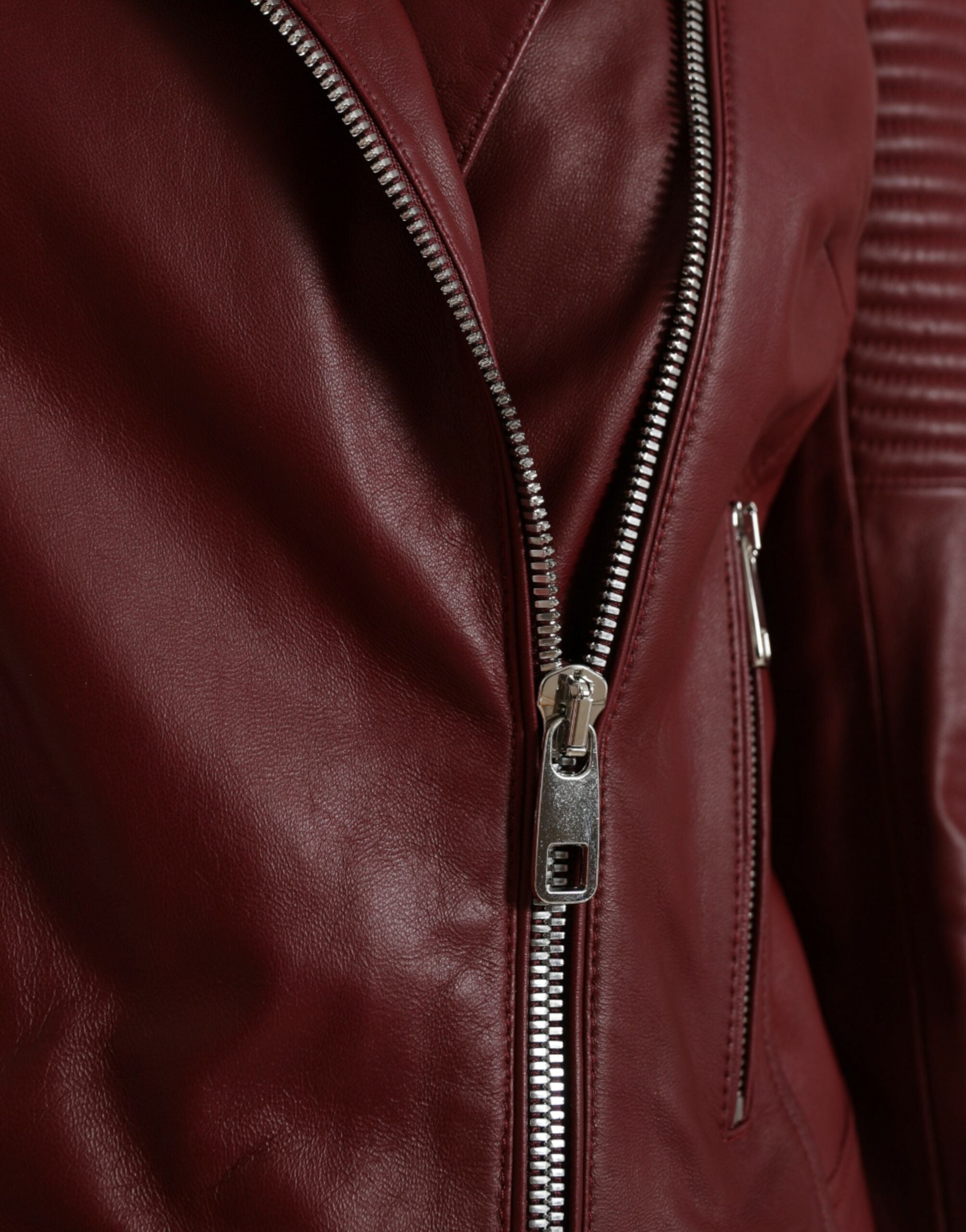 Dolce & Gabbana Bordeaux Leather Biker Coat Lambskin Jacket LUNESCAPE
