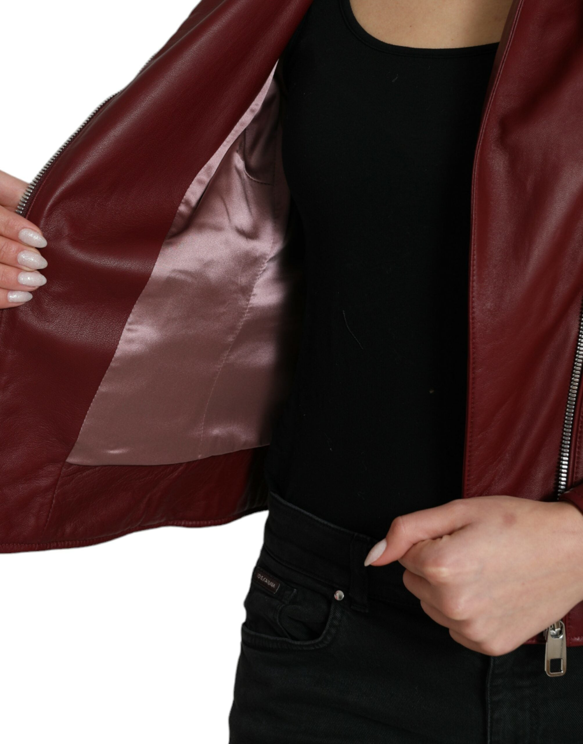 Dolce & Gabbana Bordeaux Leather Biker Coat Lambskin Jacket LUNESCAPE