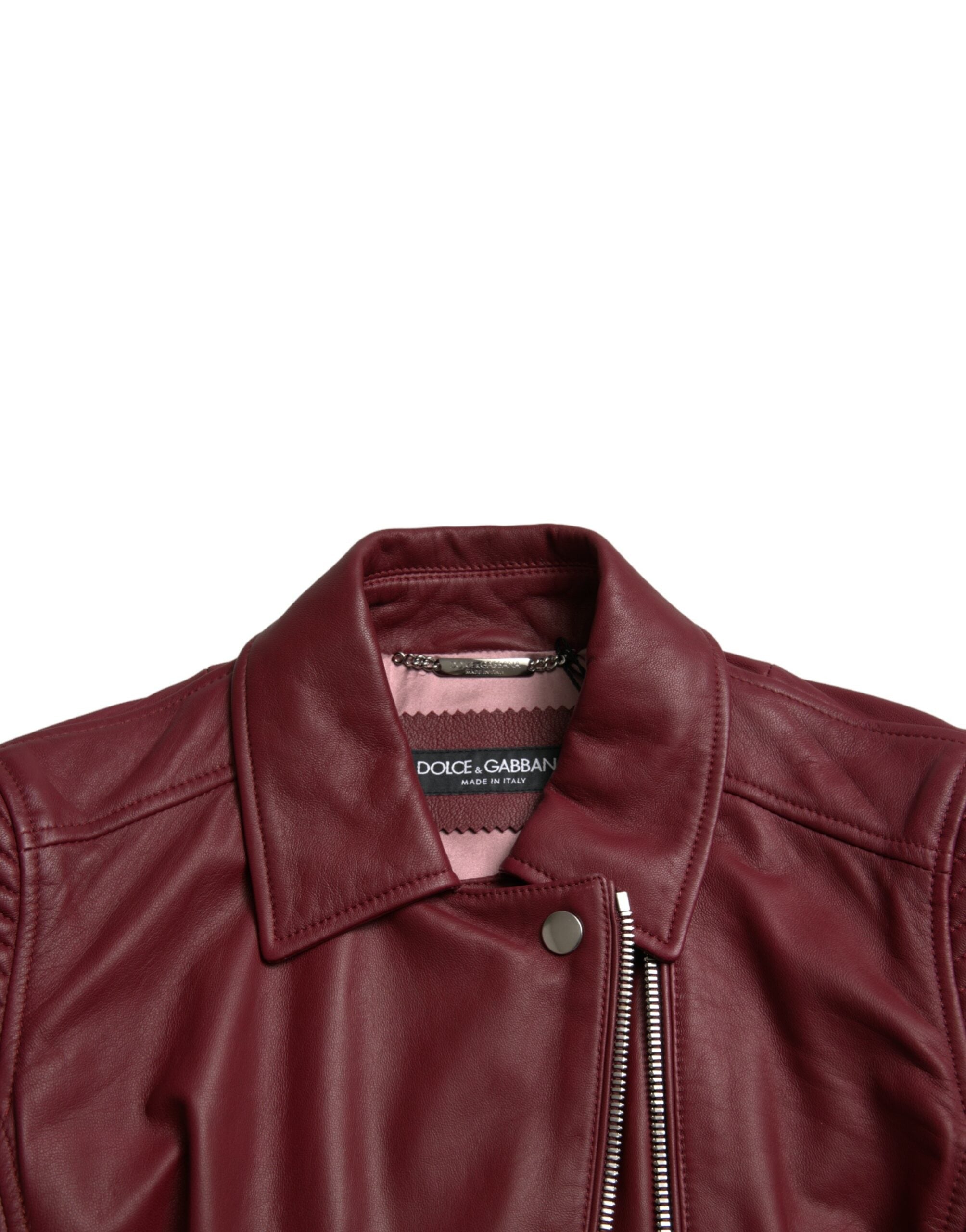 Dolce & Gabbana Bordeaux Leather Biker Coat Lambskin Jacket LUNESCAPE