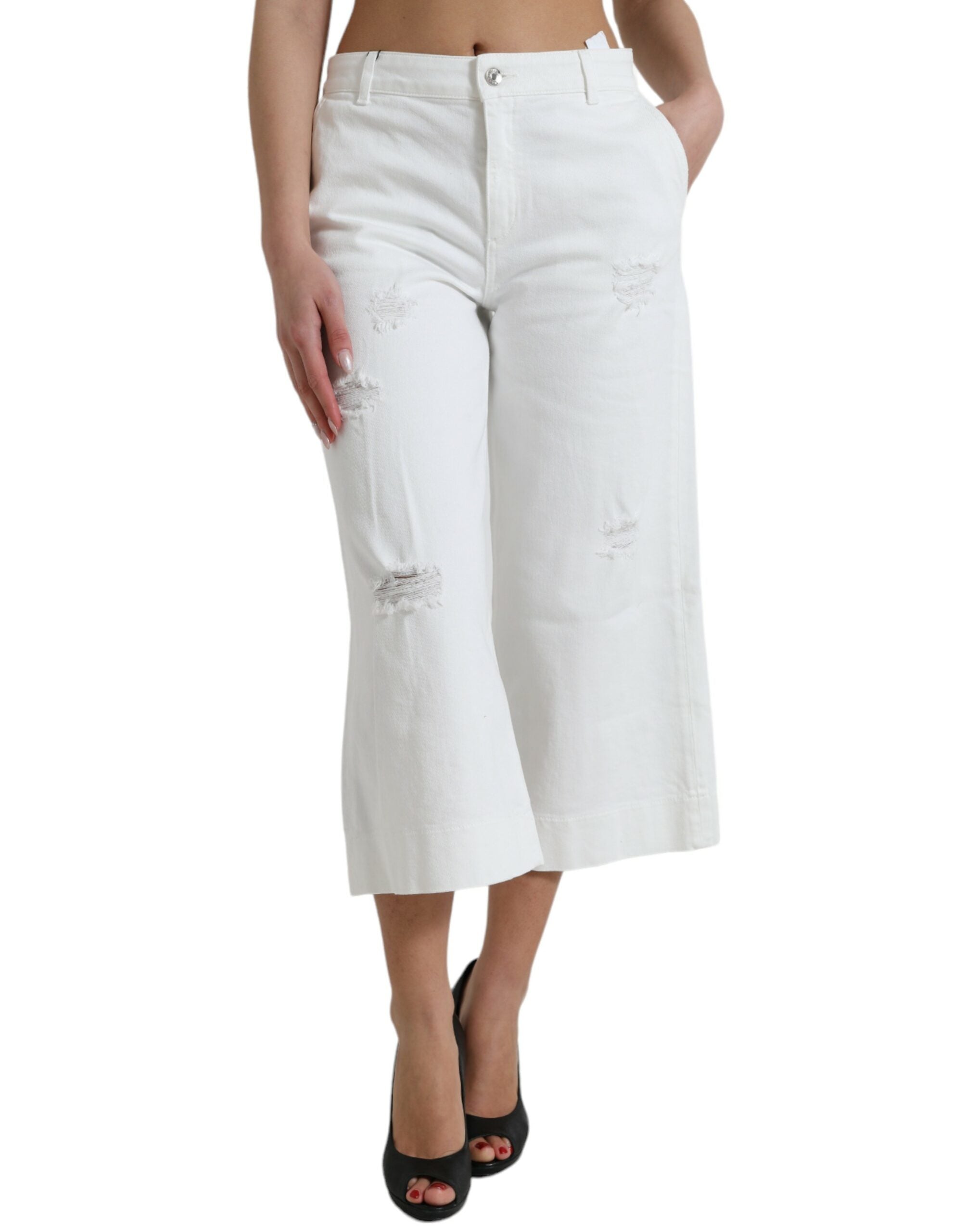 Dolce & Gabbana White Cotton Cropped Wide Leg Denim Jeans LUNESCAPE