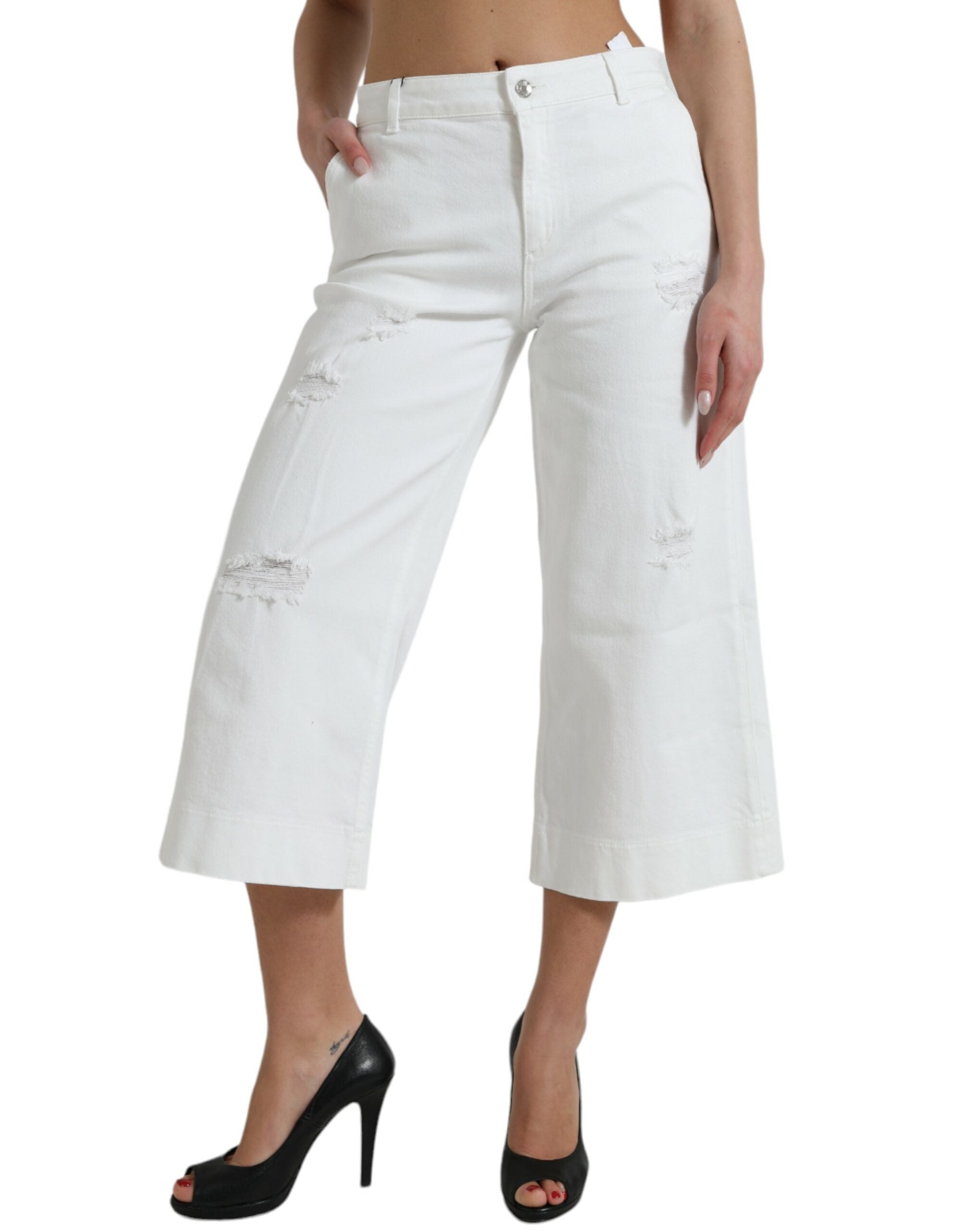 Dolce & Gabbana White Cotton Cropped Wide Leg Denim Jeans LUNESCAPE