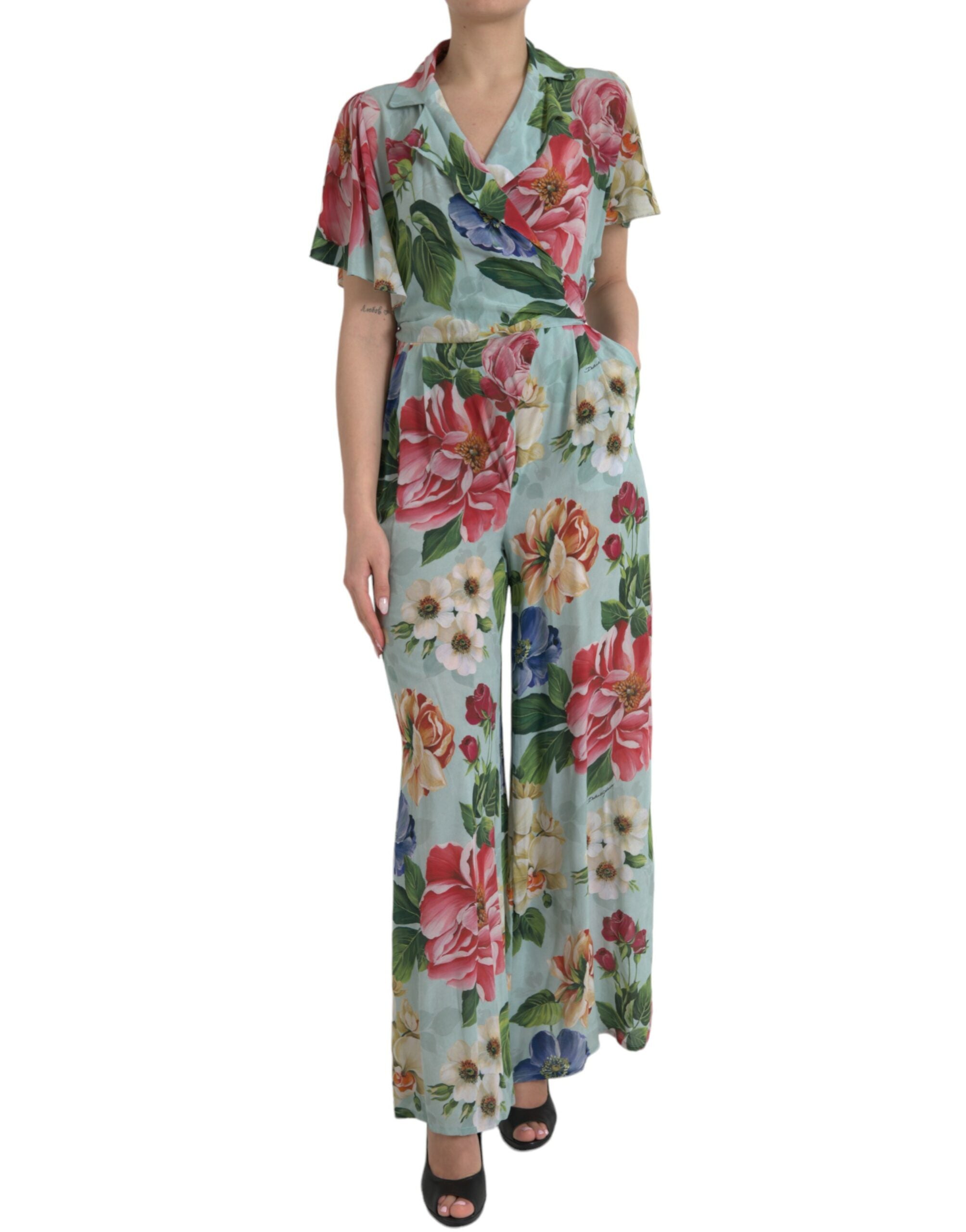 Dolce & Gabbana Blue Floral Wide Leg Wrap Jumpsuit Dress LUNESCAPE