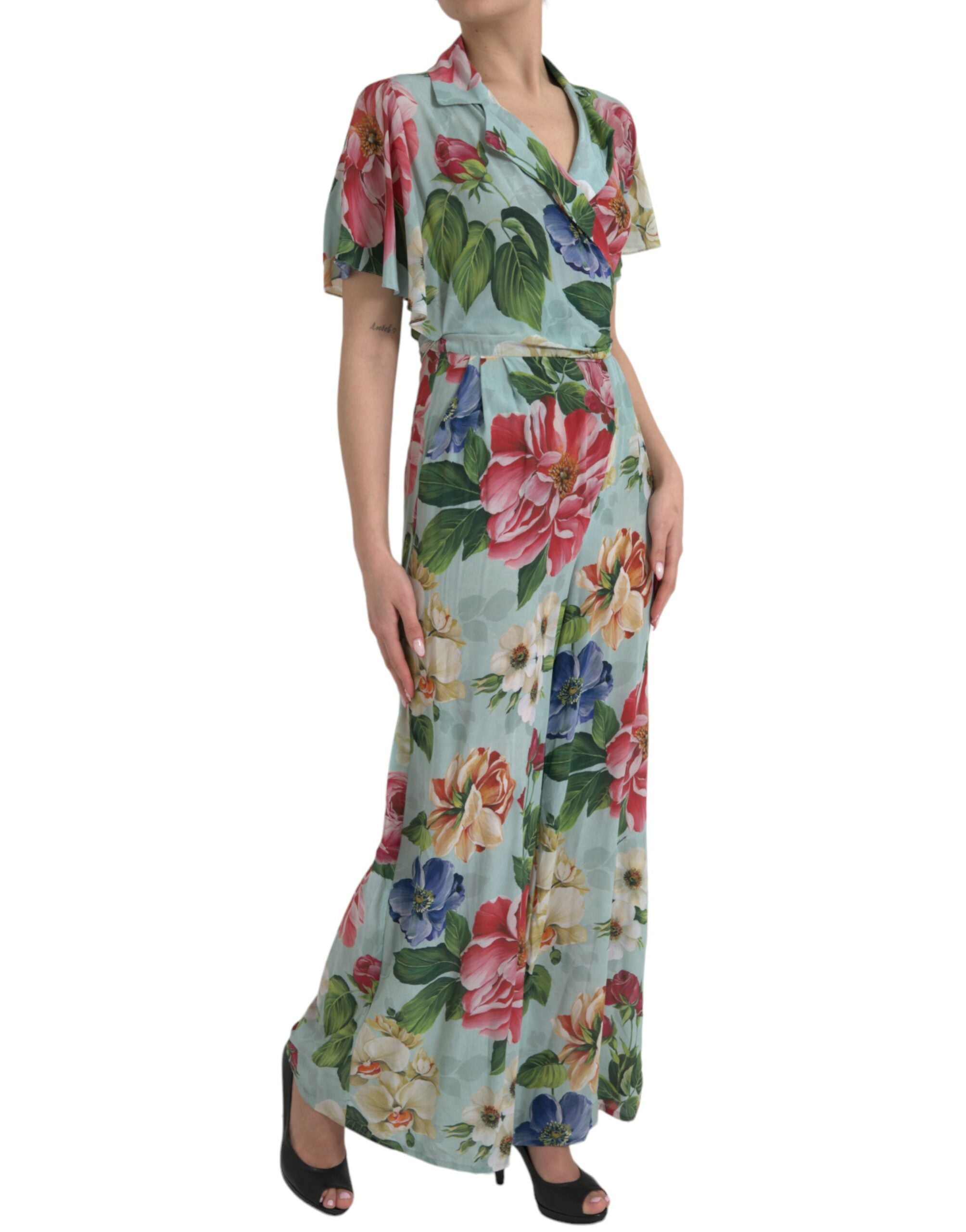 Dolce & Gabbana Blue Floral Wide Leg Wrap Jumpsuit Dress LUNESCAPE