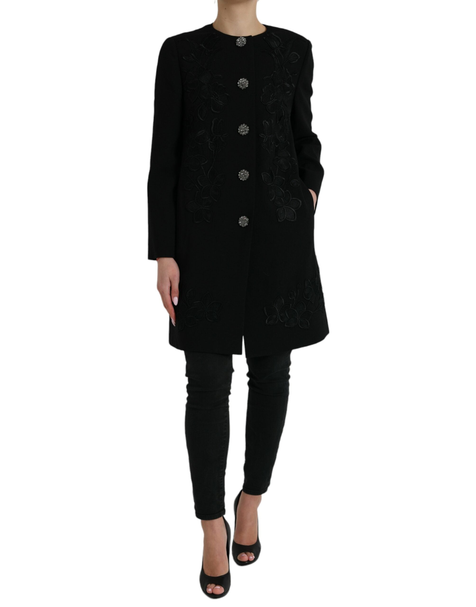 Dolce & Gabbana Black Floral Wool Button Embellished Jacket LUNESCAPE