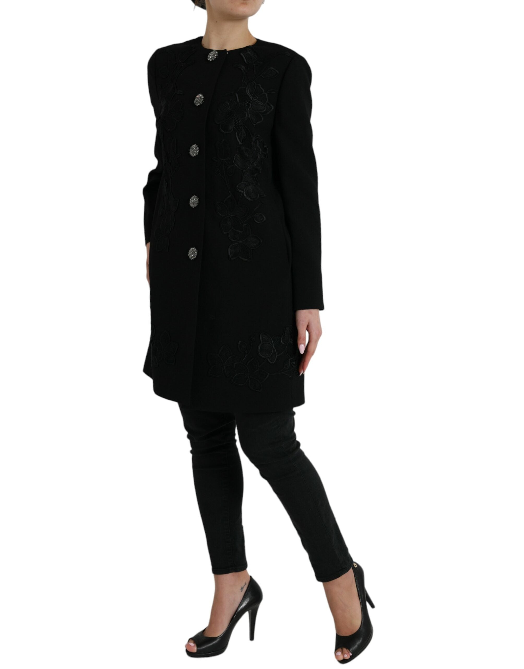 Dolce & Gabbana Black Floral Wool Button Embellished Jacket LUNESCAPE