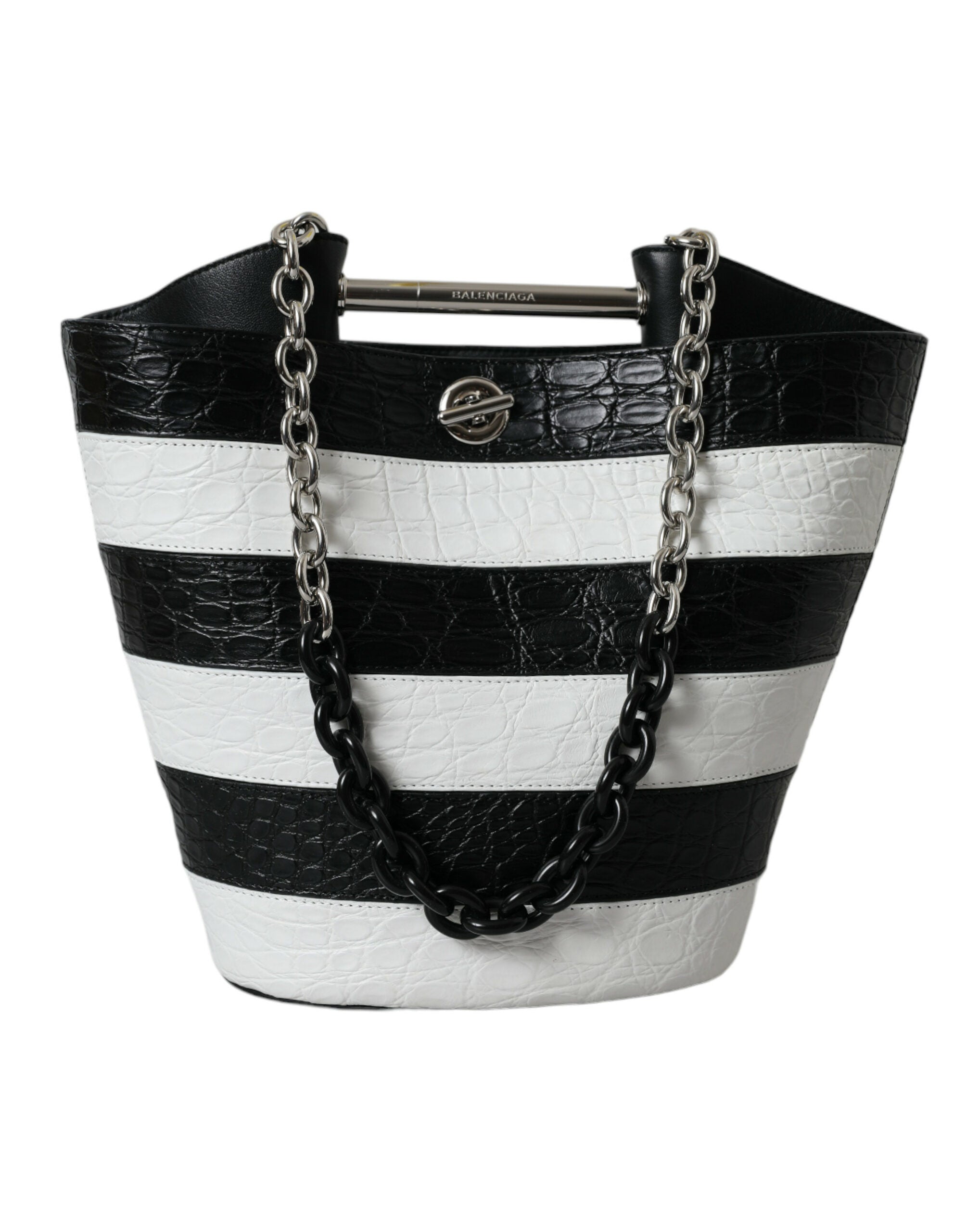 Balenciaga Black White Striped Exotic Skin Leather Maxi Bucket Tote Bag LUNESCAPE