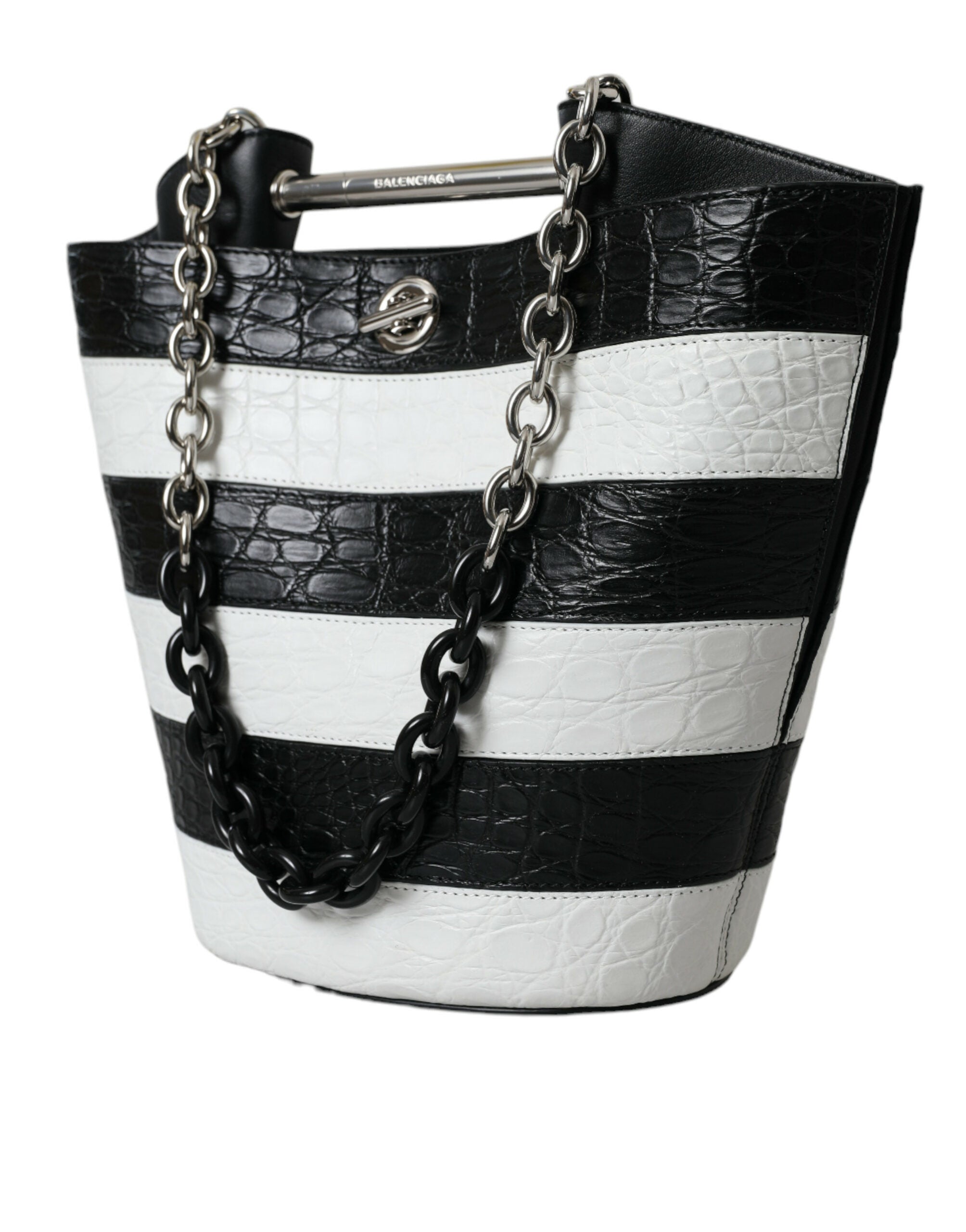 Balenciaga Black White Striped Exotic Skin Leather Maxi Bucket Tote Bag LUNESCAPE