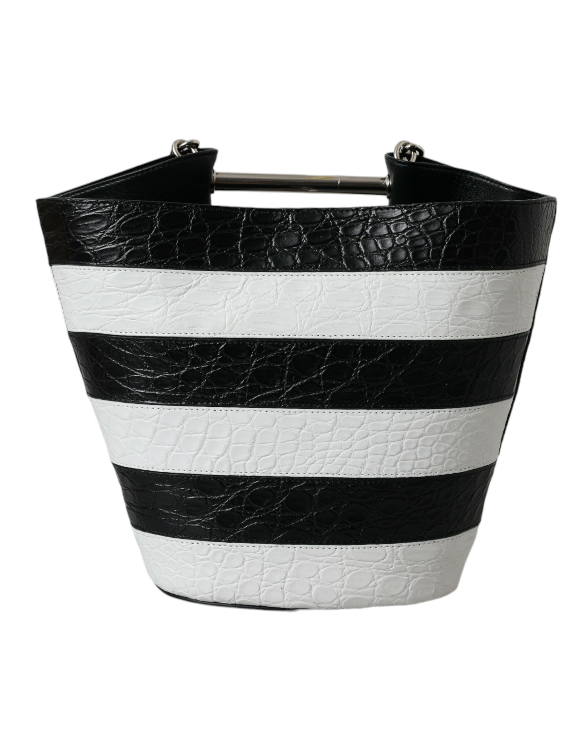 Balenciaga Black White Striped Exotic Skin Leather Maxi Bucket Tote Bag LUNESCAPE