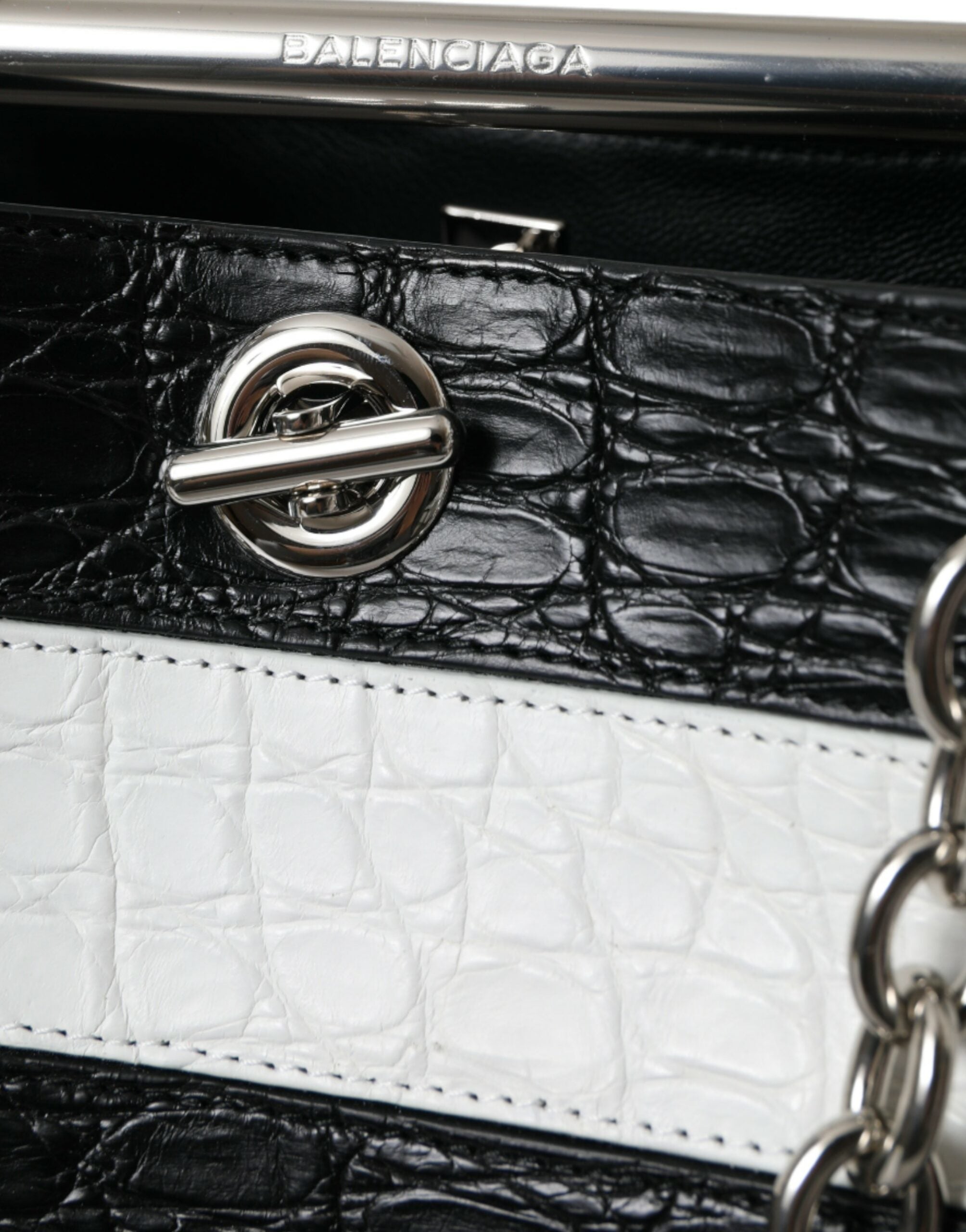 Balenciaga Black White Striped Exotic Skin Leather Maxi Bucket Tote Bag LUNESCAPE