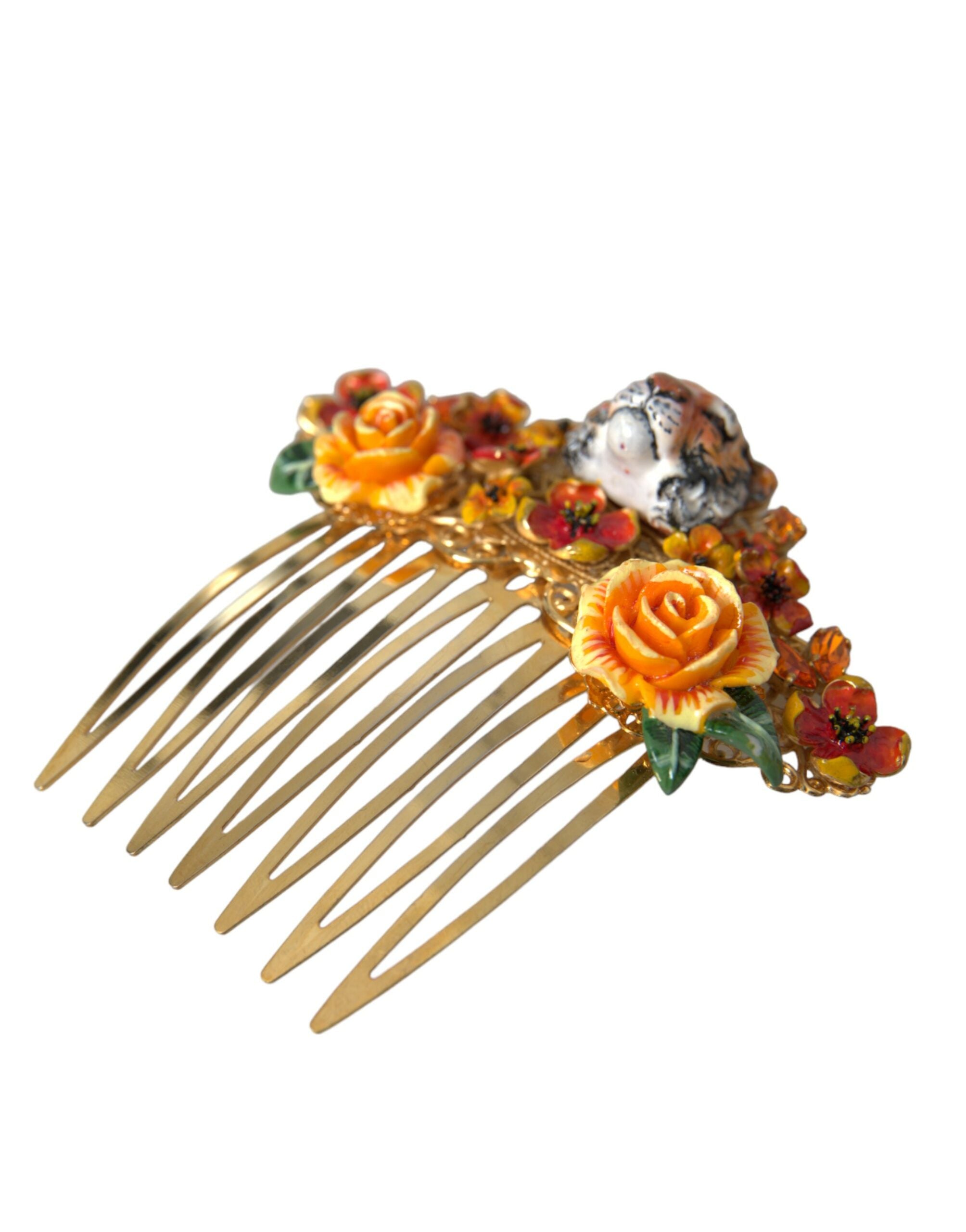 Dolce & Gabbana Gold Brass Crystal Leopard Floral Hair Comb LUNESCAPE