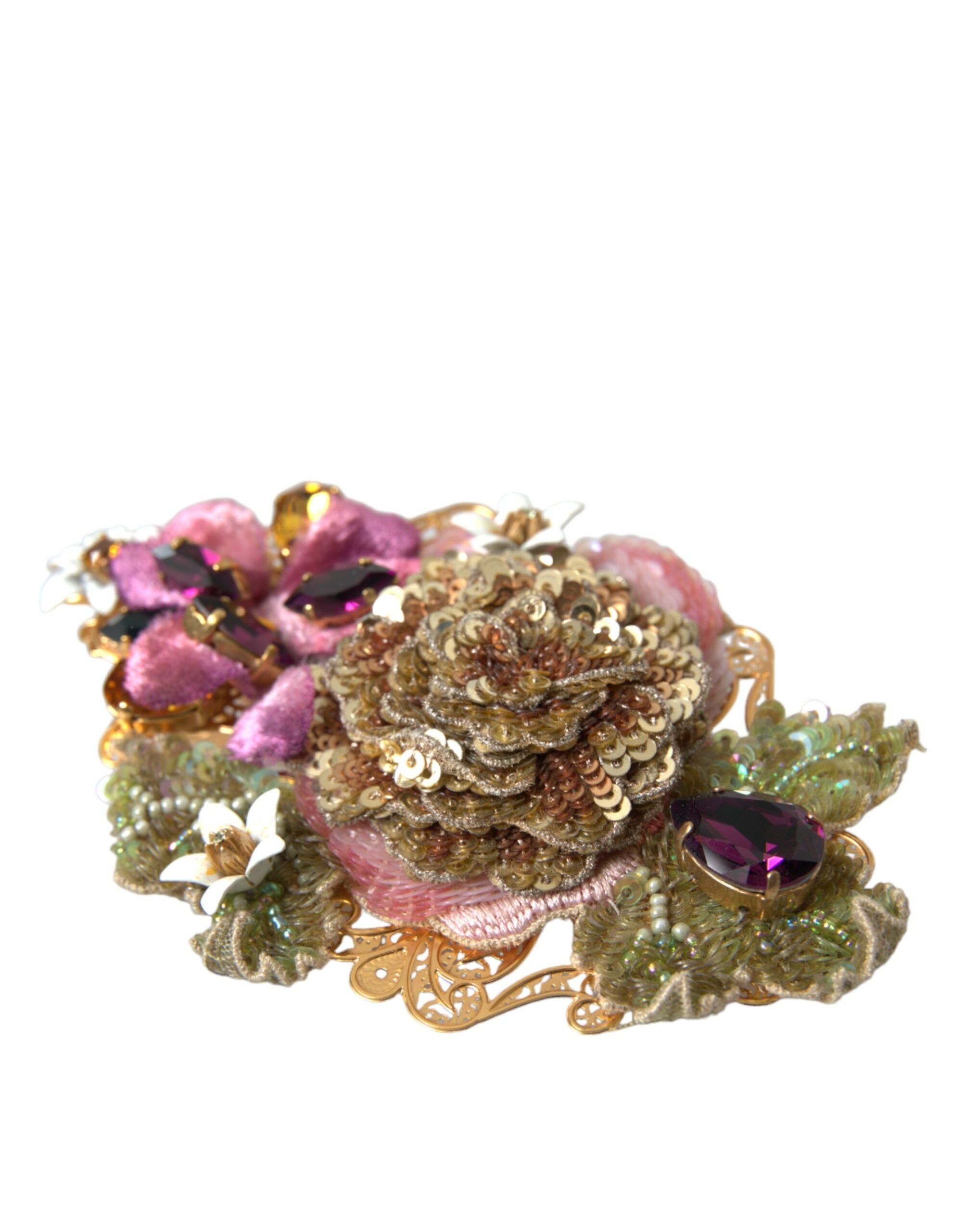Dolce & Gabbana Gold Brass Floral Crystal Sequined Hair Clip LUNESCAPE