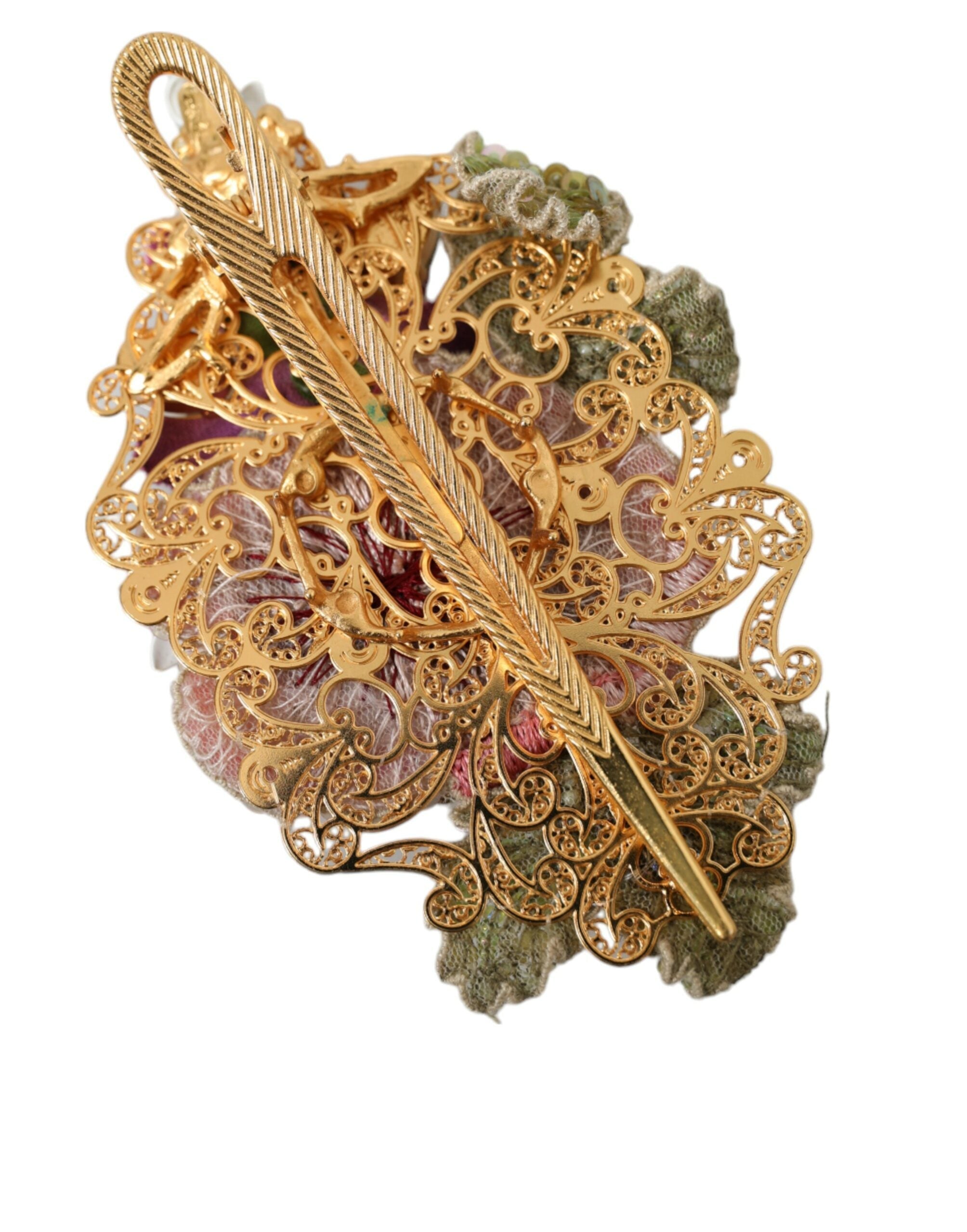 Dolce & Gabbana Gold Brass Floral Crystal Sequined Hair Clip LUNESCAPE