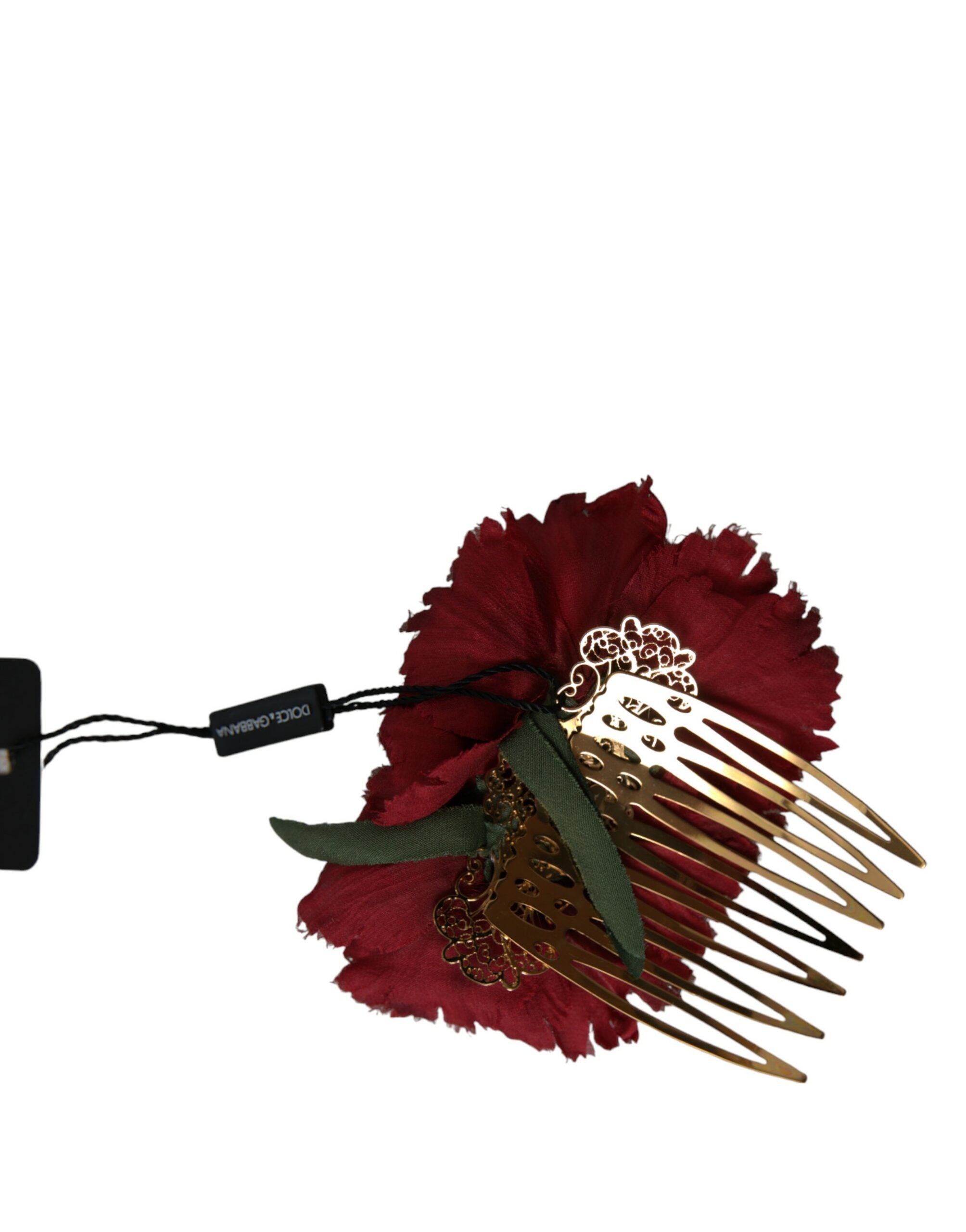 Dolce & Gabbana Red Silk Floral Gold Brass Women Hair Comb LUNESCAPE