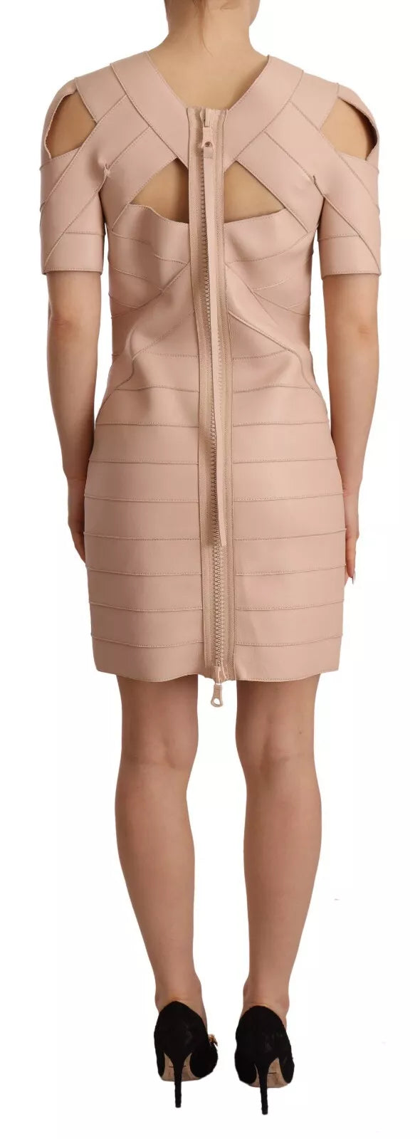 Dsquared² Beige Leather Open Shoulder Sheath Mini Dress LUNESCAPE