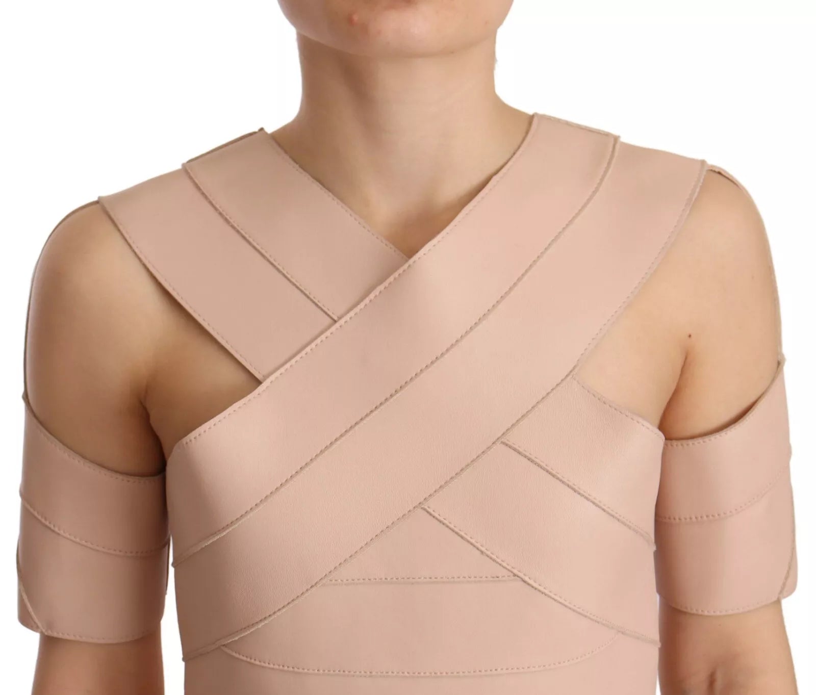 Dsquared² Beige Leather Open Shoulder Sheath Mini Dress LUNESCAPE