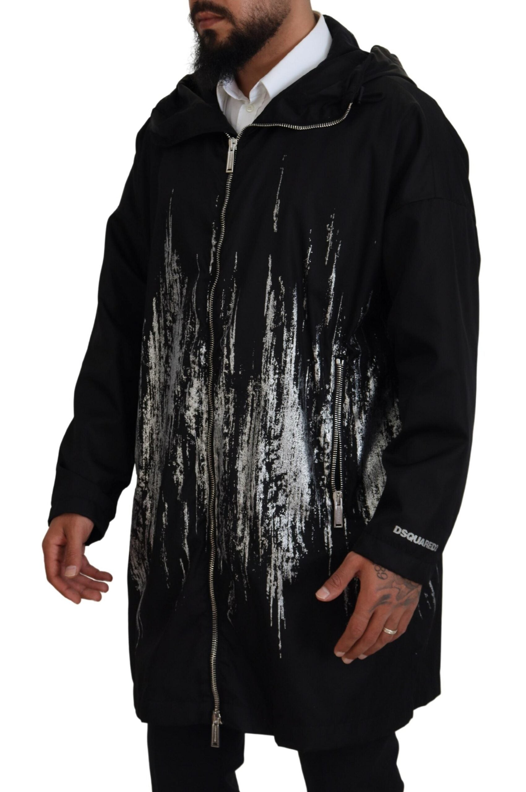 Dsquared² Black White Print Long Hooded Jacket
