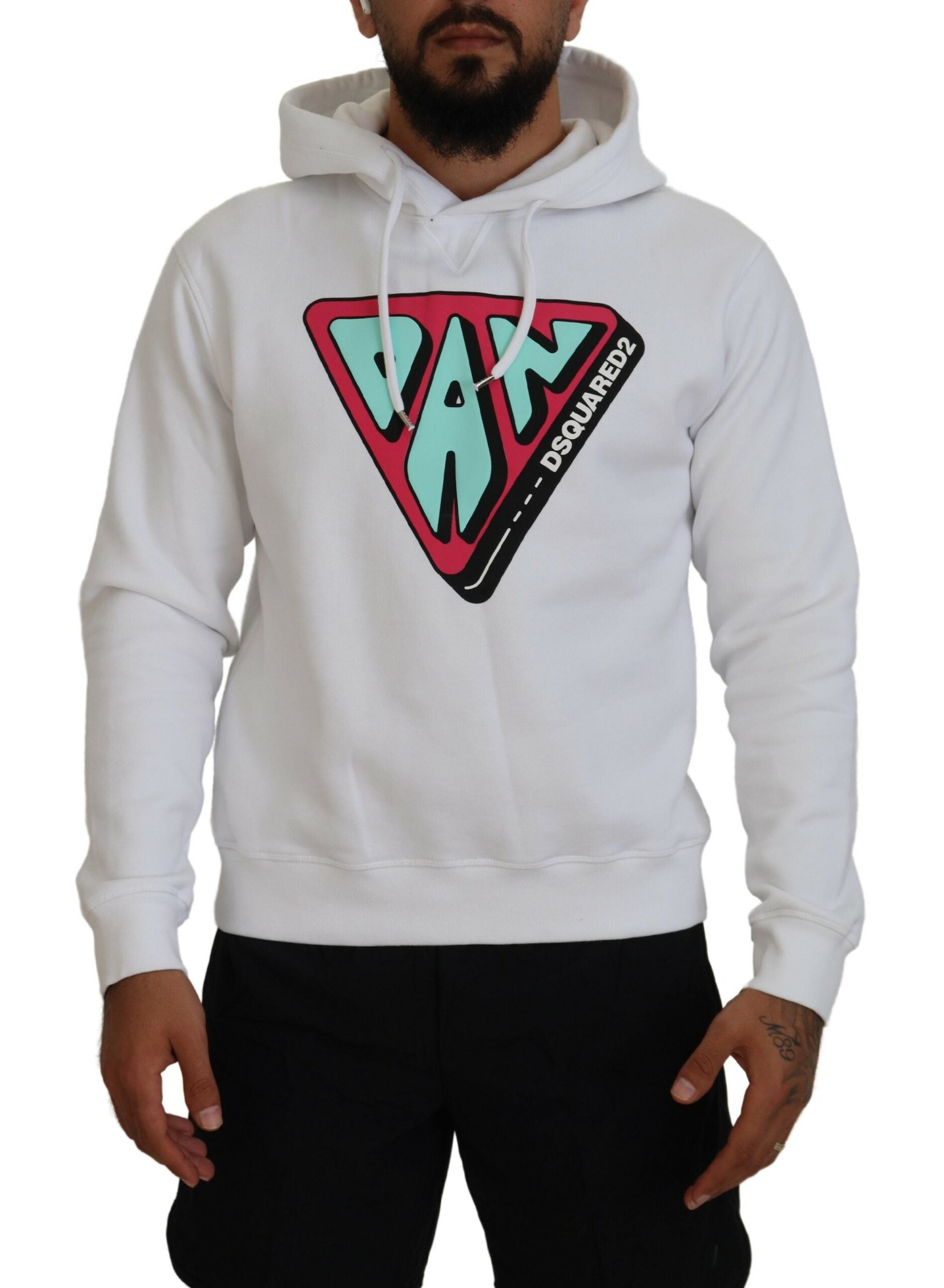 Dsquared² White Cotton Hooded Printed Pullover Sweater LUNESCAPE