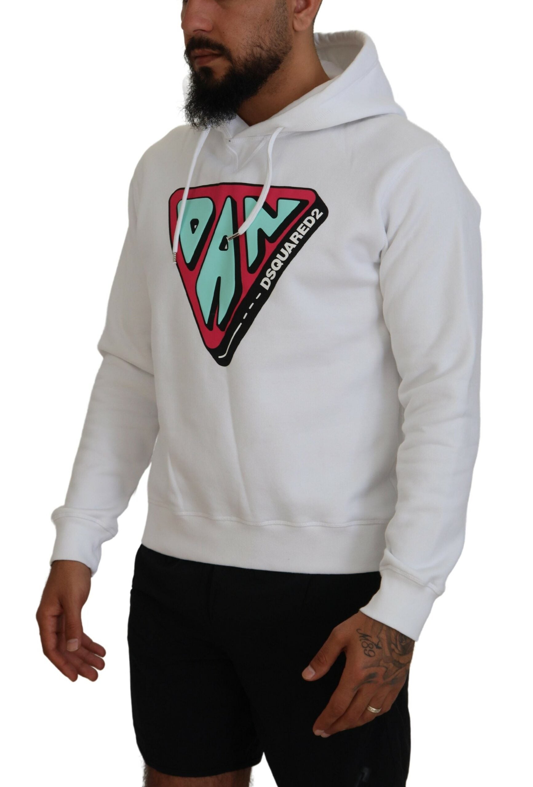 Dsquared² White Cotton Hooded Printed Pullover Sweater LUNESCAPE