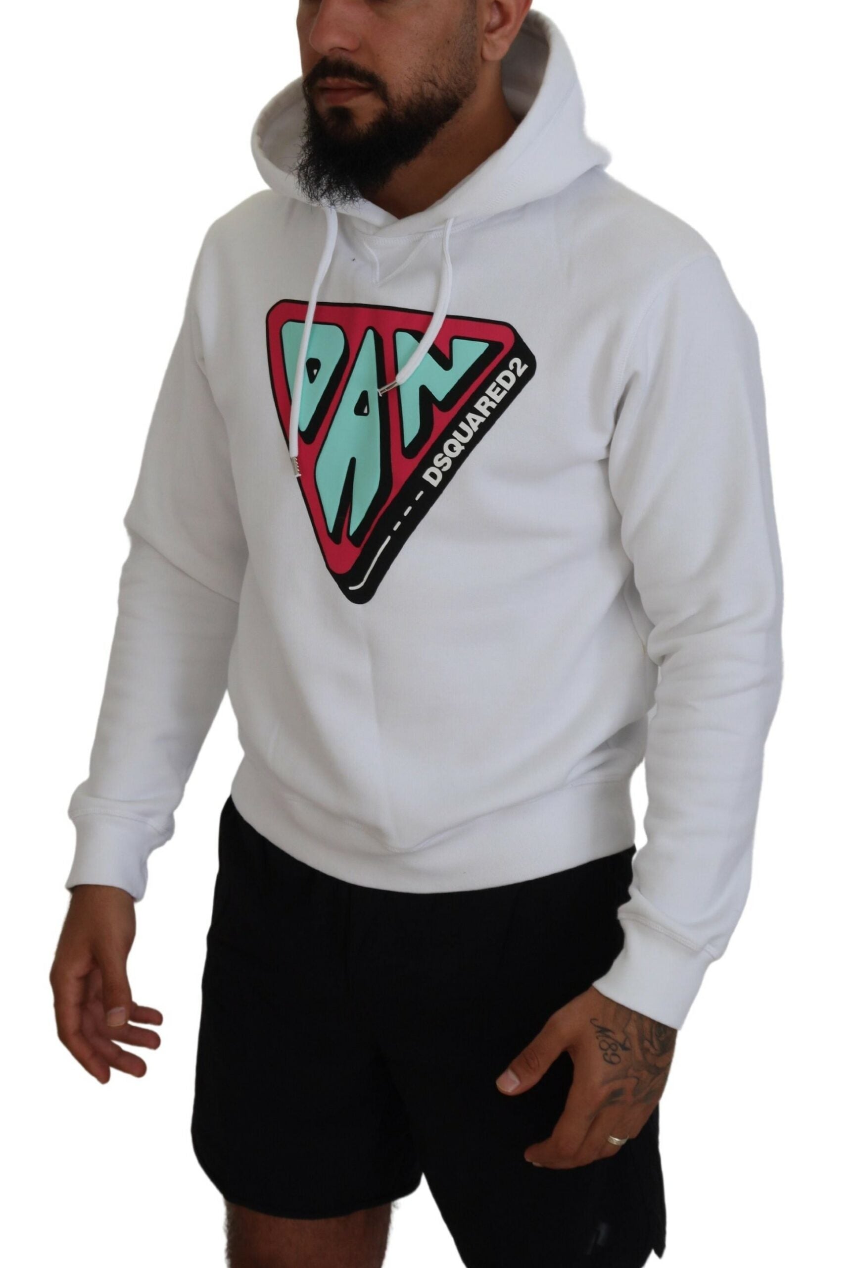 Dsquared² White Cotton Hooded Printed Pullover Sweater LUNESCAPE