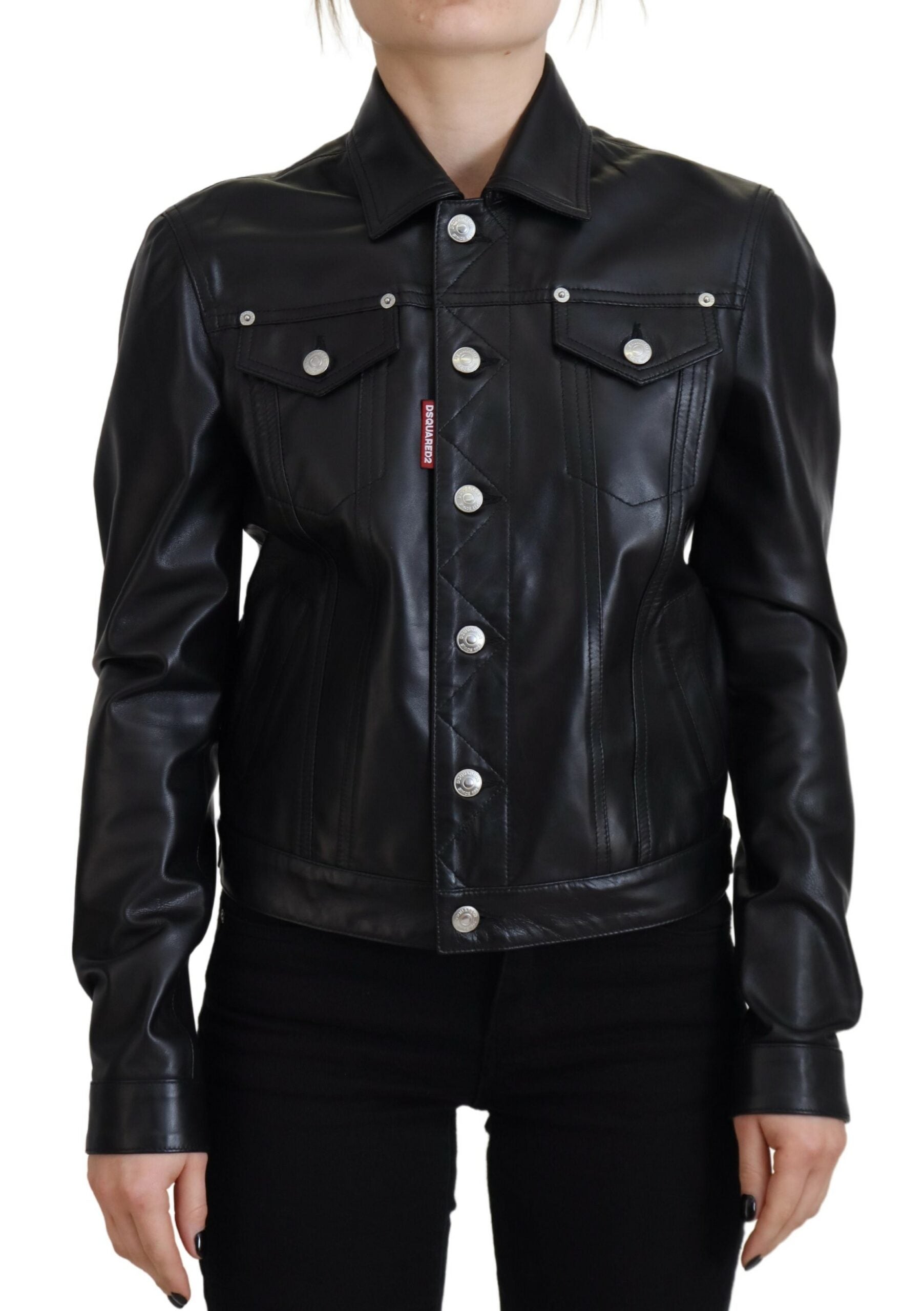 Dsquared² Black Leather Collared Long Sleeves Jacket LUNESCAPE
