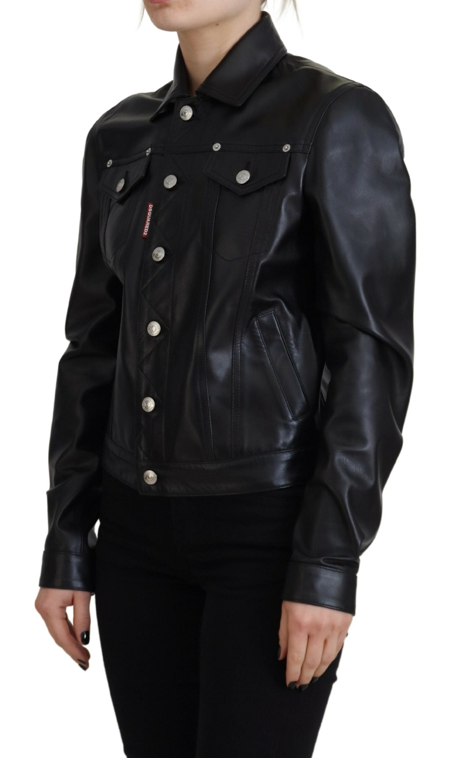 Dsquared² Black Leather Collared Long Sleeves Jacket LUNESCAPE