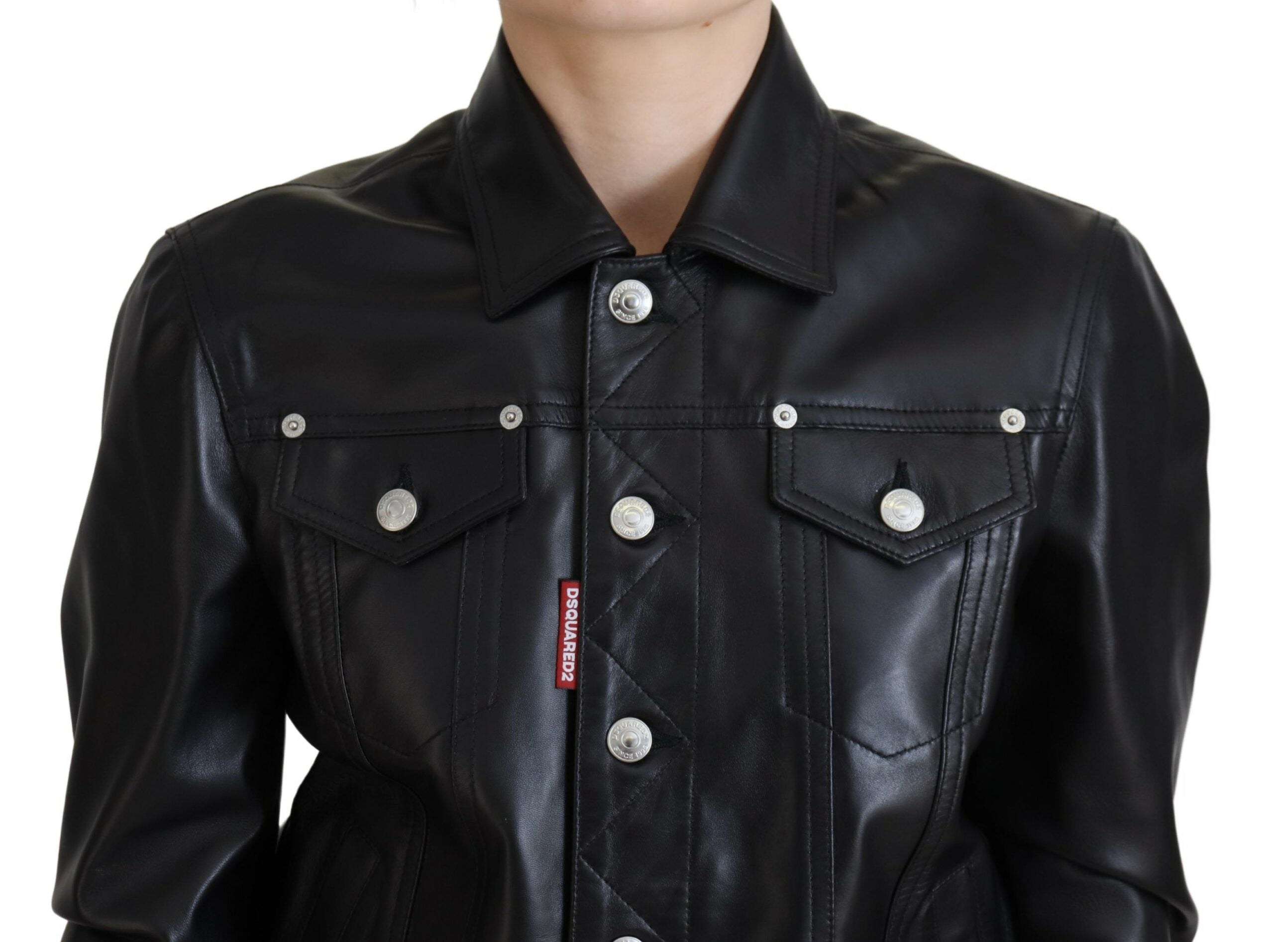 Dsquared² Black Leather Collared Long Sleeves Jacket LUNESCAPE