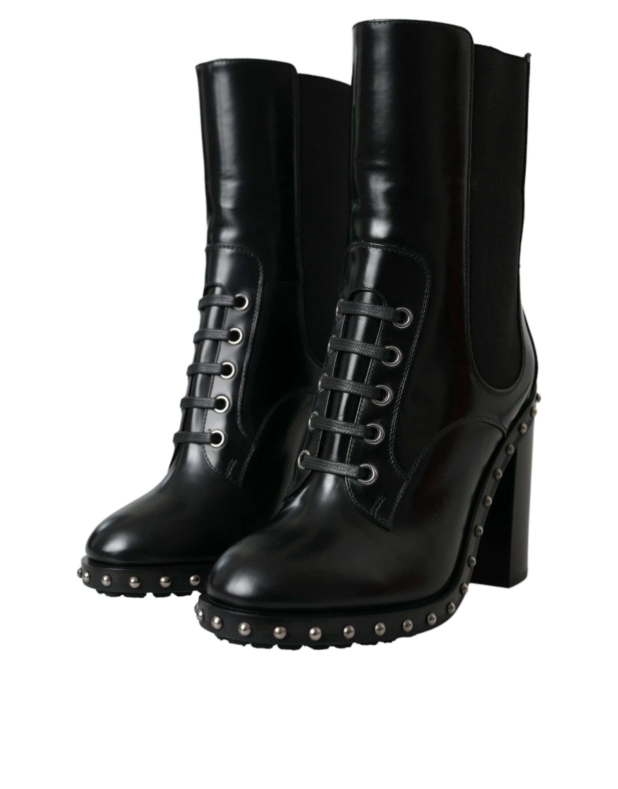 Dolce & Gabbana Black Leather Studded Lace Up Boots Shoes LUNESCAPE