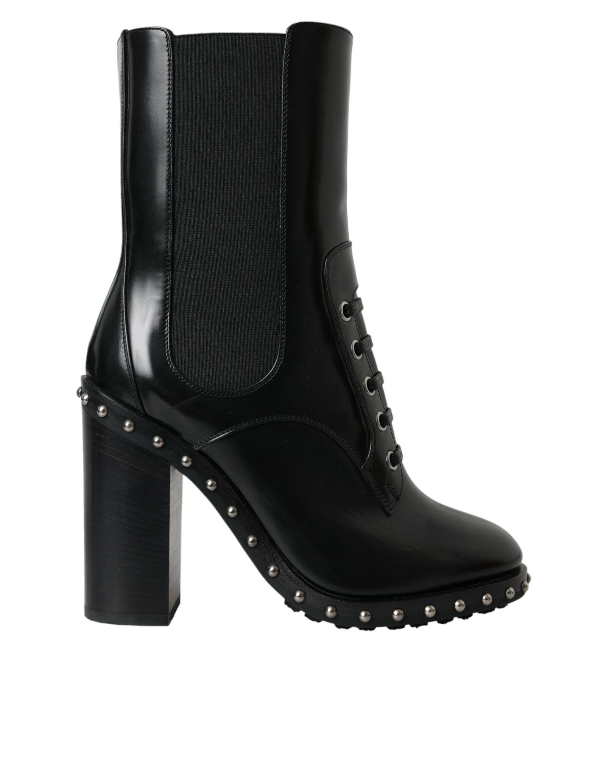 Dolce & Gabbana Black Leather Studded Lace Up Boots Shoes LUNESCAPE