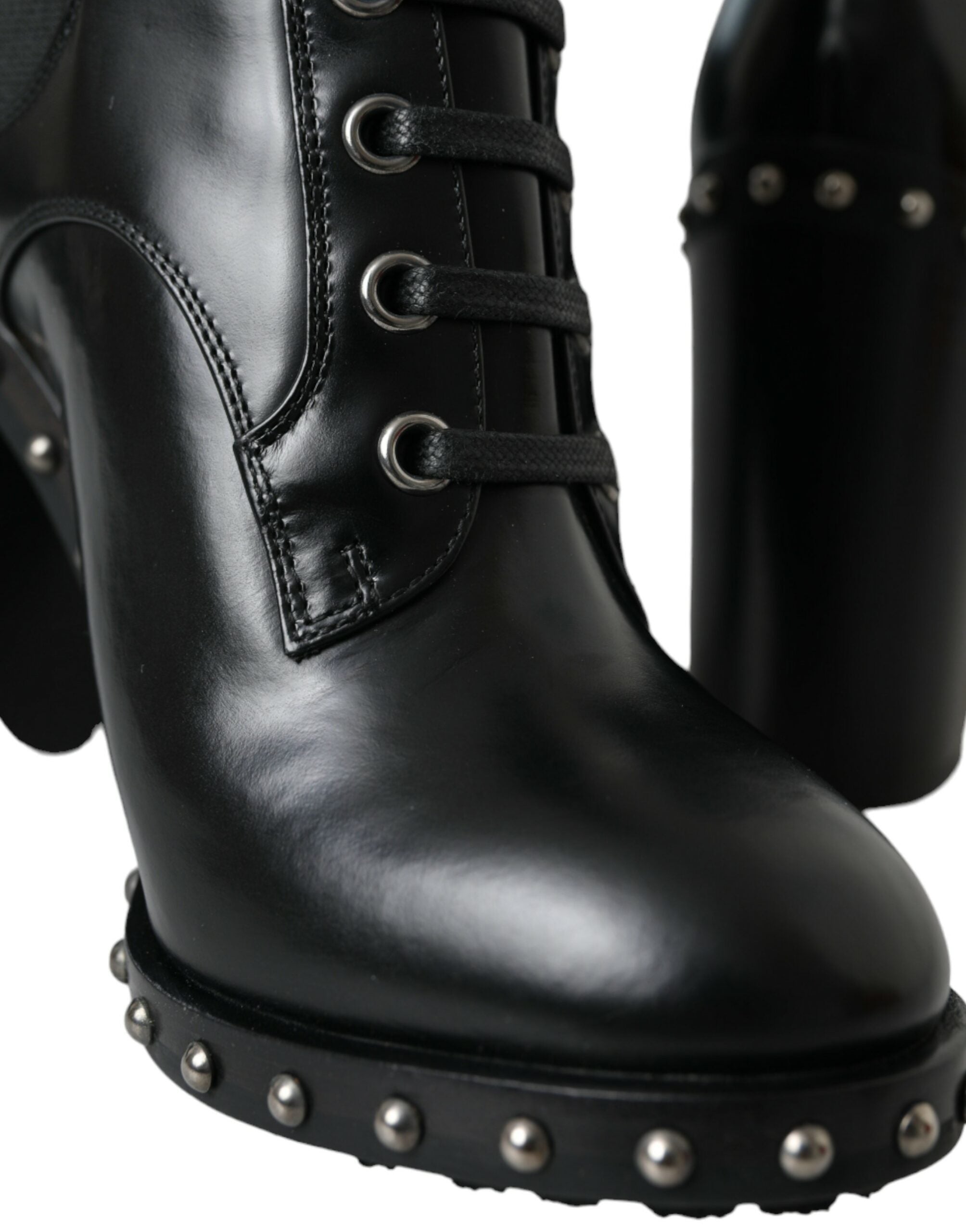 Dolce & Gabbana Black Leather Studded Lace Up Boots Shoes LUNESCAPE