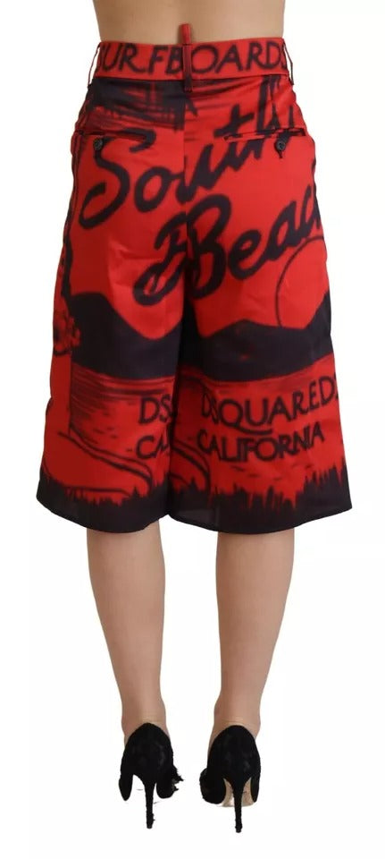 Dsquared² Red Printed High Waist Wide Leg Cropped Pants