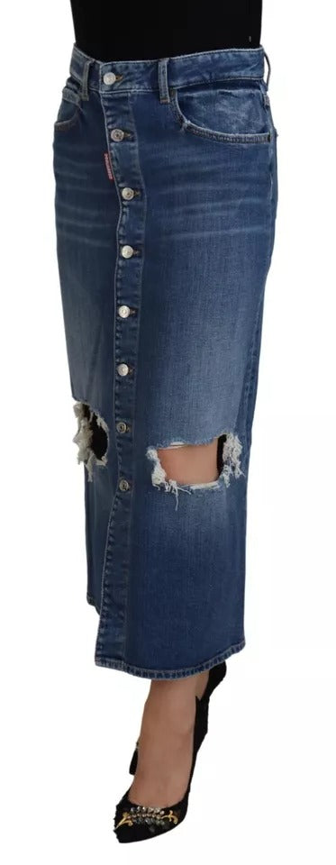 Dsquared² Blue Distressed High Waist Pencil Cut Denim Skirt LUNESCAPE
