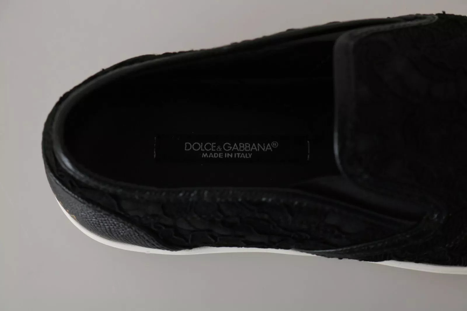 Dolce & Gabbana Black Lace Leather Logo Flat Slip-On Sneakers