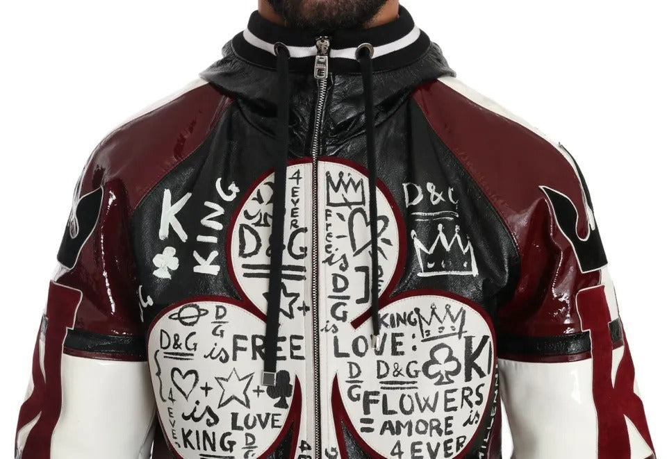 Dolce & Gabbana Black Bordeaux Hooded Leather DG King of Love Jacket LUNESCAPE